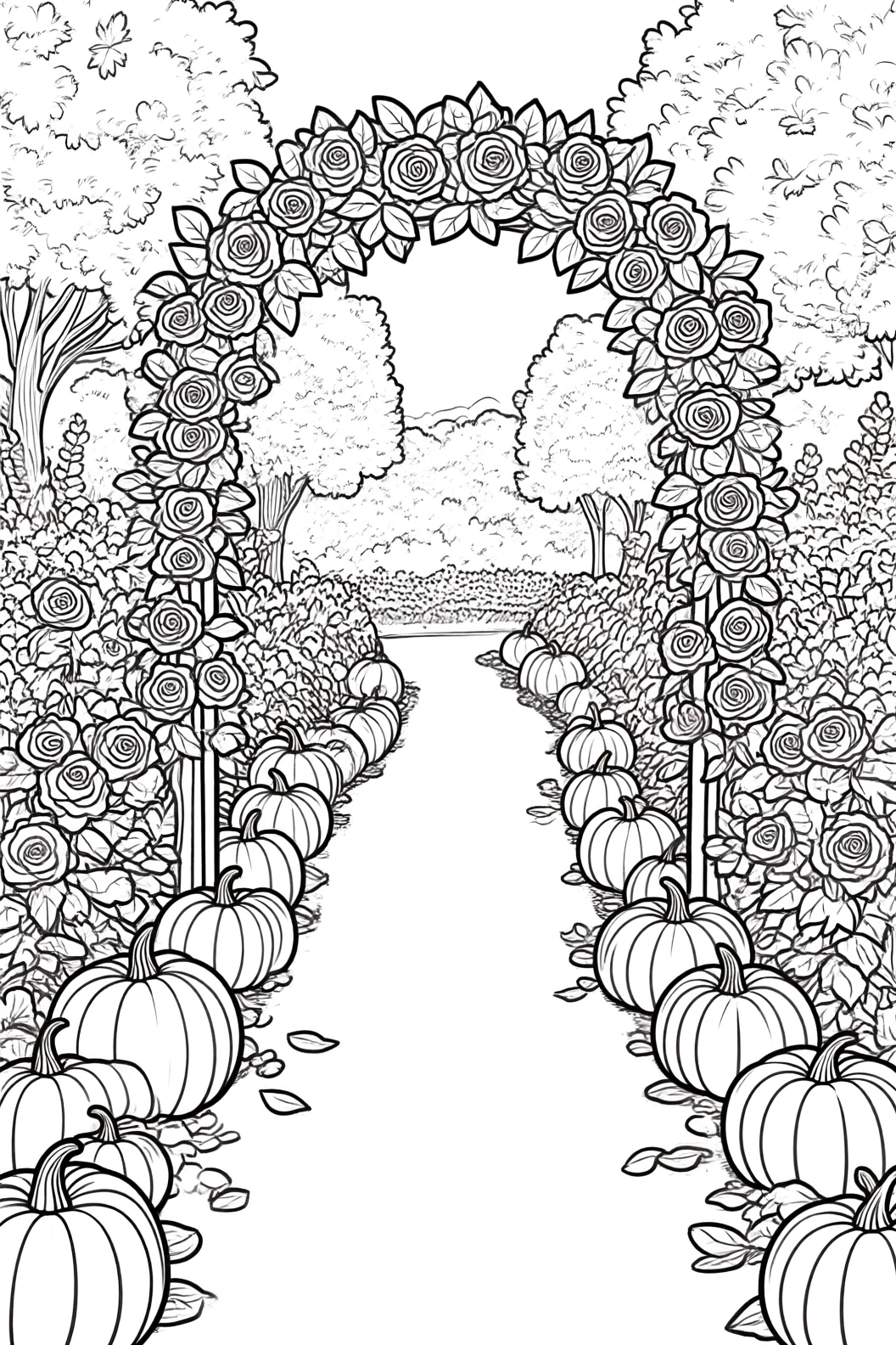 Black-and-white line art of a garden path with a rose-covered arch and pumpkins along the walkway detailed coloring page ideal as kids' coloring page, printable coloring page and coloring sheets for