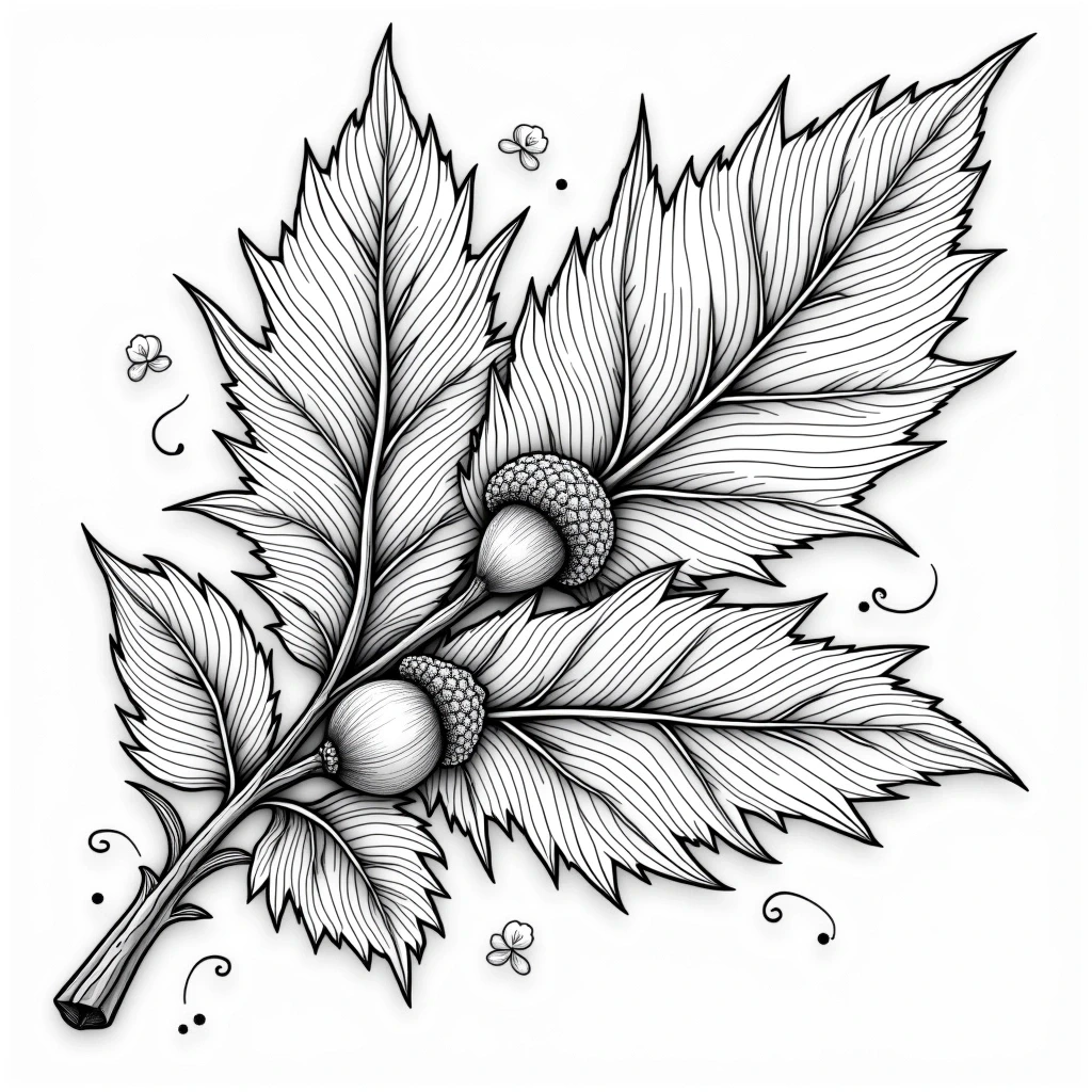 Black and white acorn and leaf line art for coloring detailed coloring page featuring fall acorns and leaves, kids' coloring page, printable coloring page and easy coloring sheets.