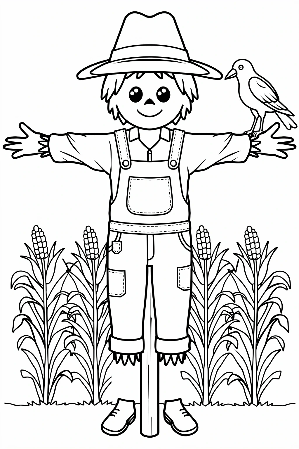 Black-and-white scarecrow coloring page in a cornfield with a bird on its arm detailed coloring page, kids' coloring page, printable coloring page, coloring sheets for fall and farm themes.
