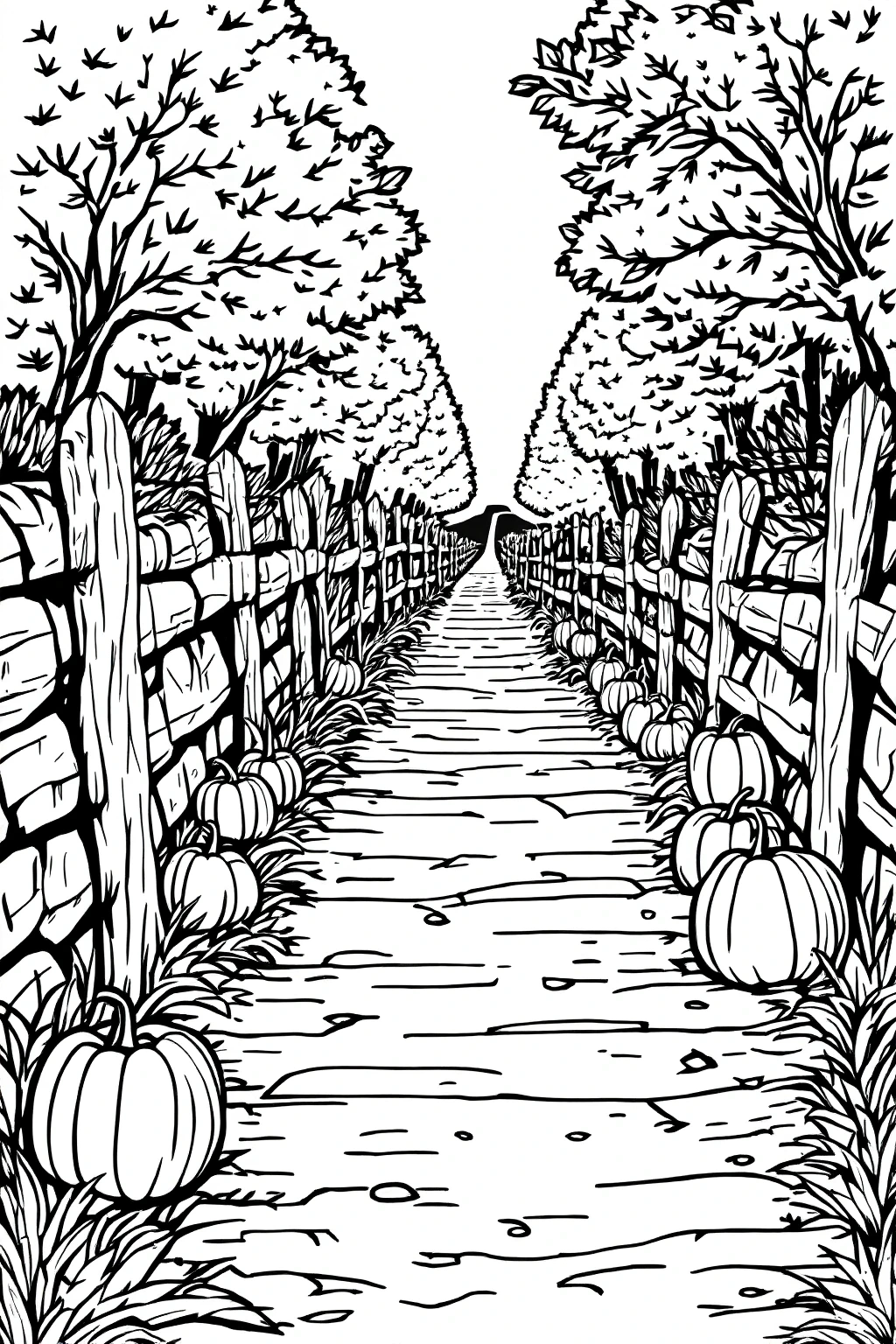 Black-and-white fall pathway with pumpkins along a fence between trees detailed coloring page, kids' coloring page, printable coloring page and coloring sheets for autumn and Halloween.