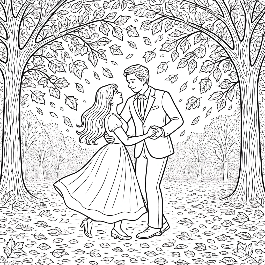 Black-and-white line art of a couple dancing under trees with falling leaves; a fall scene coloring sheet ideal for detailed coloring page, kids' coloring page, and a printable coloring page or