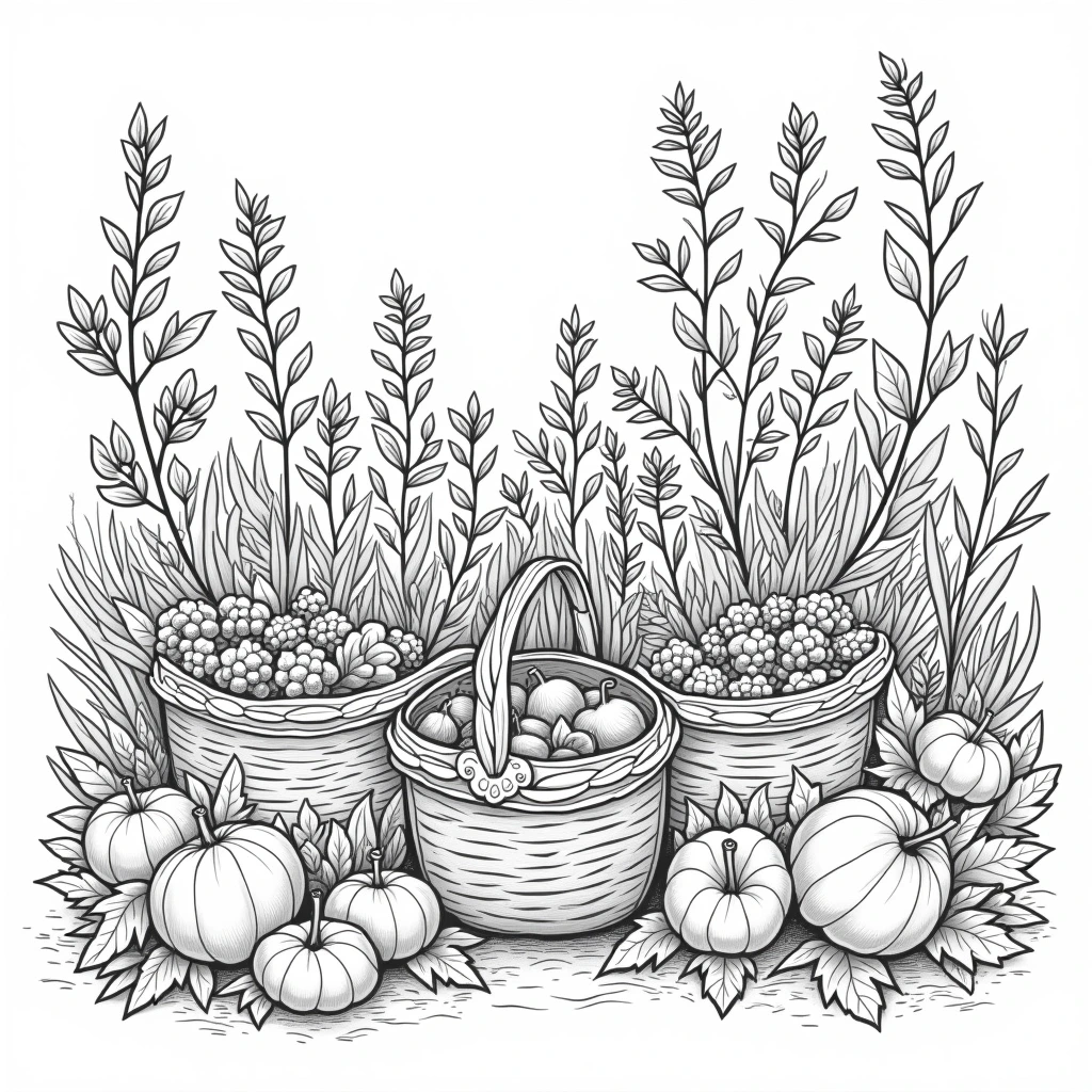 Black-and-white fall harvest coloring page with pumpkins, baskets of fruit, berries, leaves and grasses detailed coloring page, kids' coloring page, printable coloring page and coloring sheets for