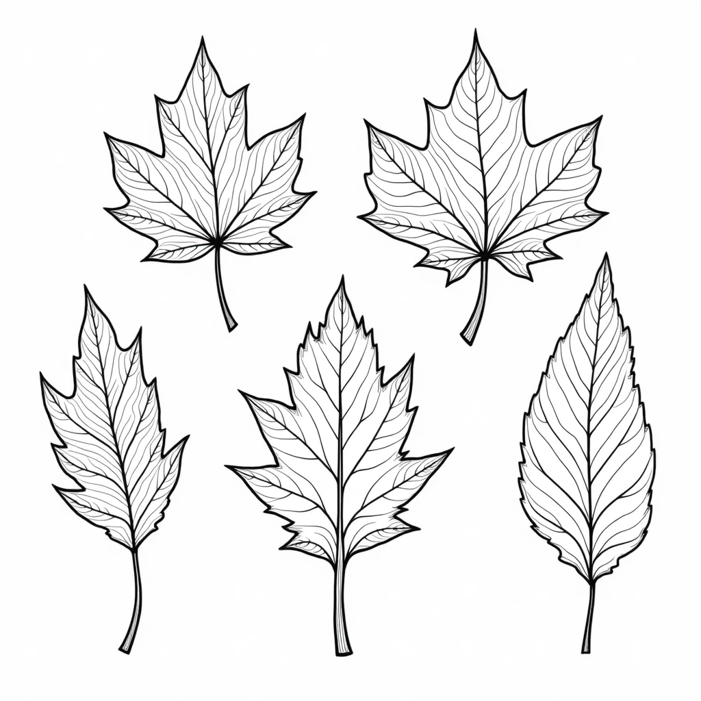Five black-and-white leaf outlines for printable coloring page; detailed coloring page and kids' coloring page ready as coloring sheets for a printable coloring page.