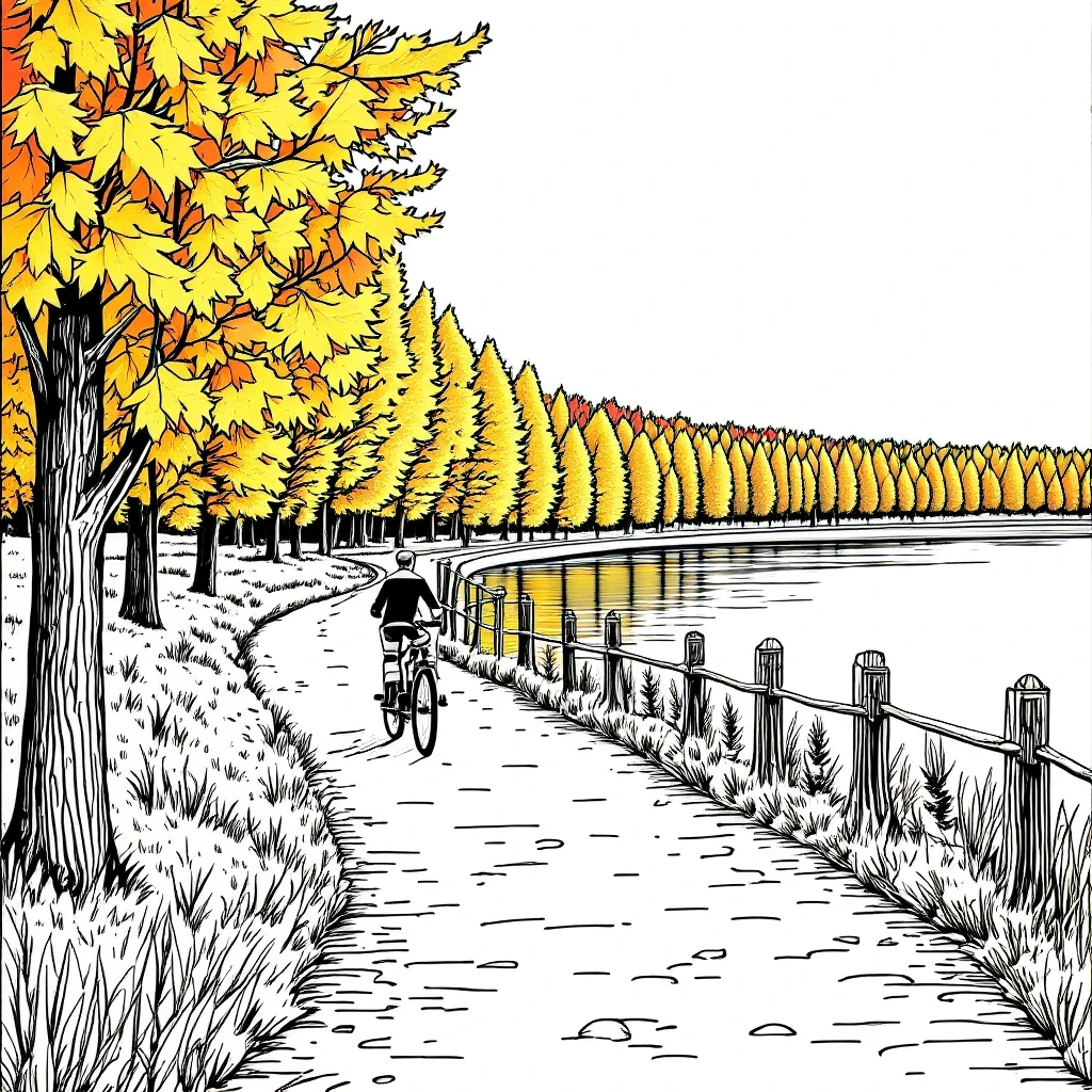 Black-and-white fall lakeside scene with a person riding a bike along a tree-lined path beside a pond; ideal printable coloring page, detailed coloring page, kids' coloring page and coloring sheets.