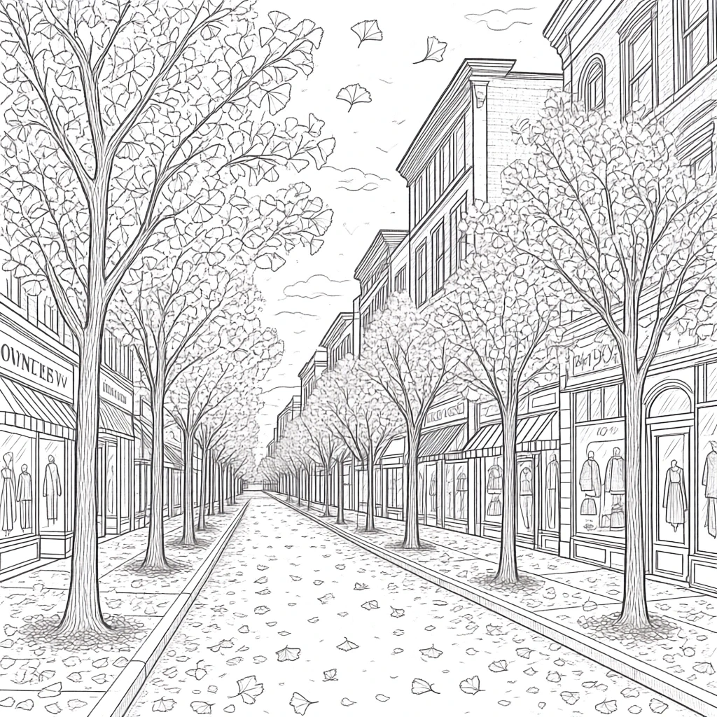 Black-and-white city street coloring page showing rows of trees and storefronts for a fall scene detailed coloring page, kids' coloring page, printable coloring page, and coloring sheets featuring