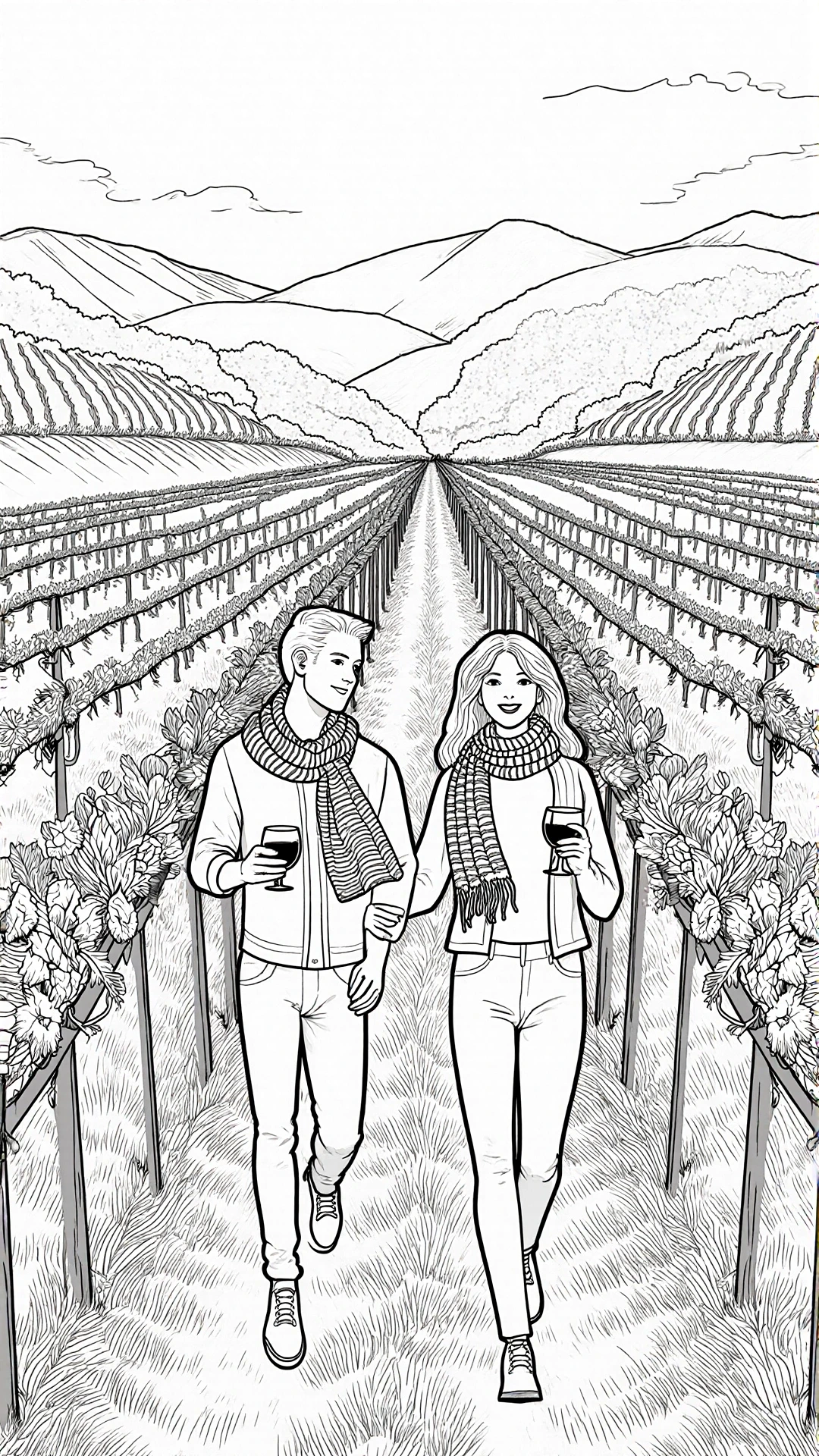 Black-and-white vineyard line art of a couple walking hand-in-hand between vine rows holding wine glasses; ideal detailed coloring page, kids' coloring page, printable coloring page and coloring