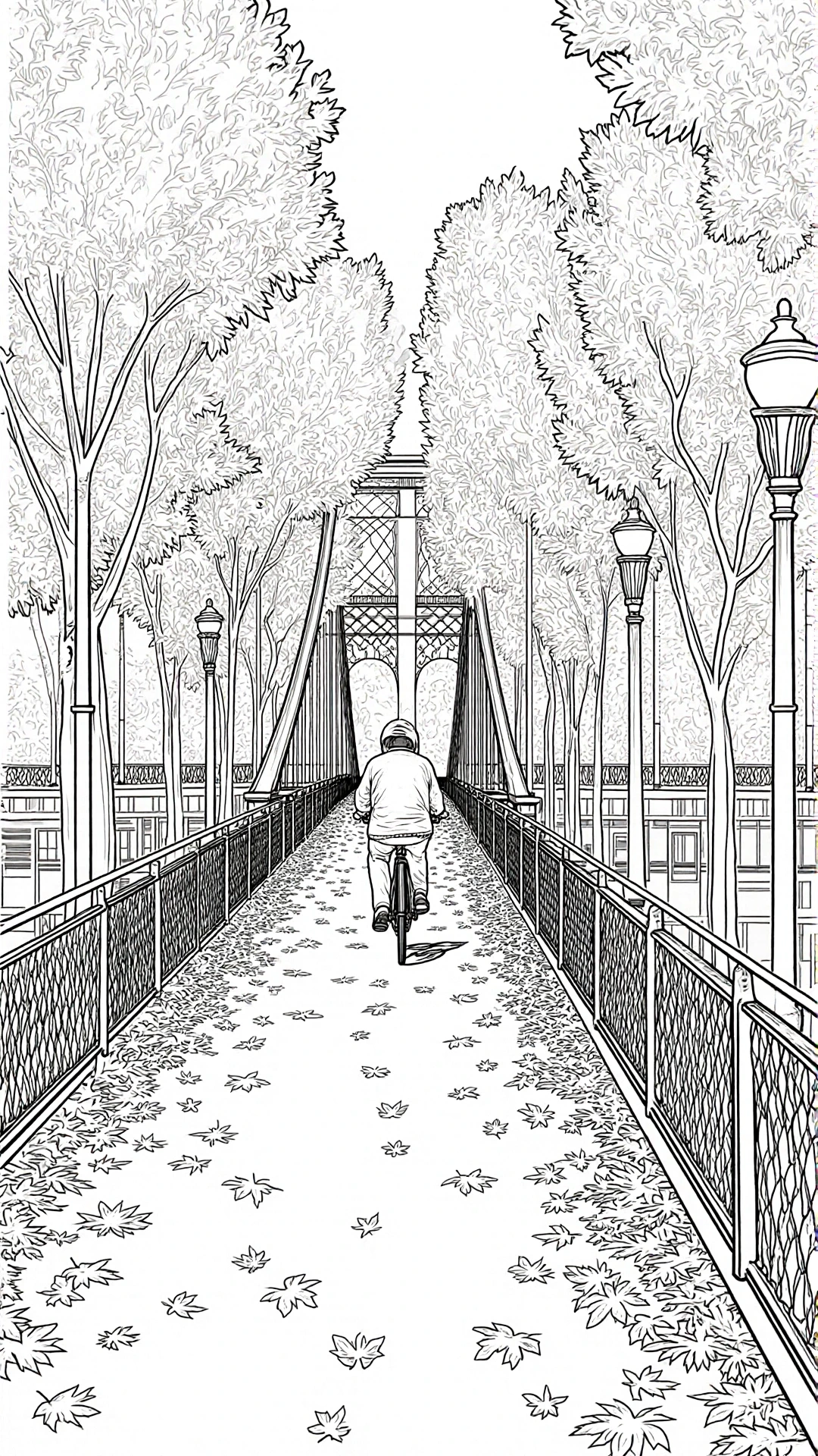 Black-and-white fall bridge scene for coloring showing a person riding a bicycle through trees and scattered leaves detailed coloring page, kids' coloring page, printable coloring page, coloring