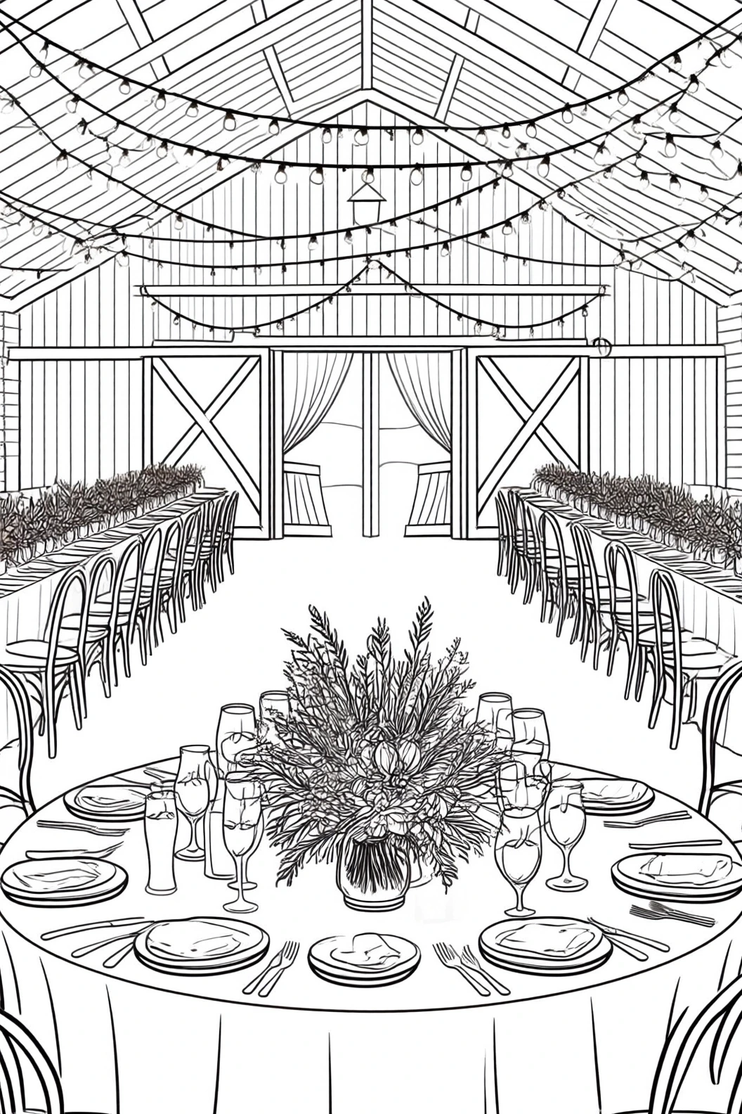Line art of a rustic barn interior set for a wedding with long tables, round centerpiece table, and string lights a detailed coloring page design suitable for kids' coloring page and a printable