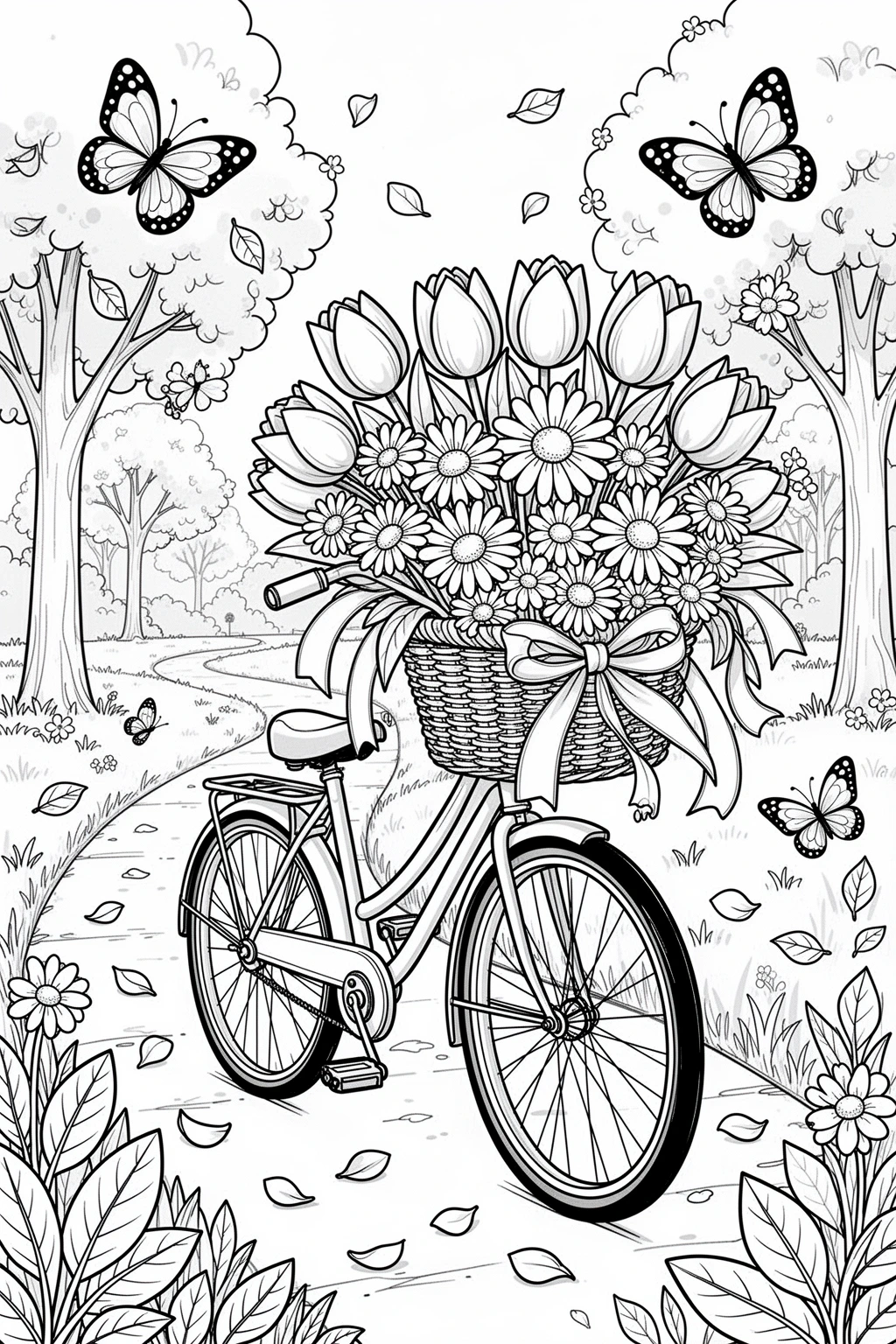 Detailed coloring page of a vintage bicycle with a basket full of tulips, daisies, and spring details.