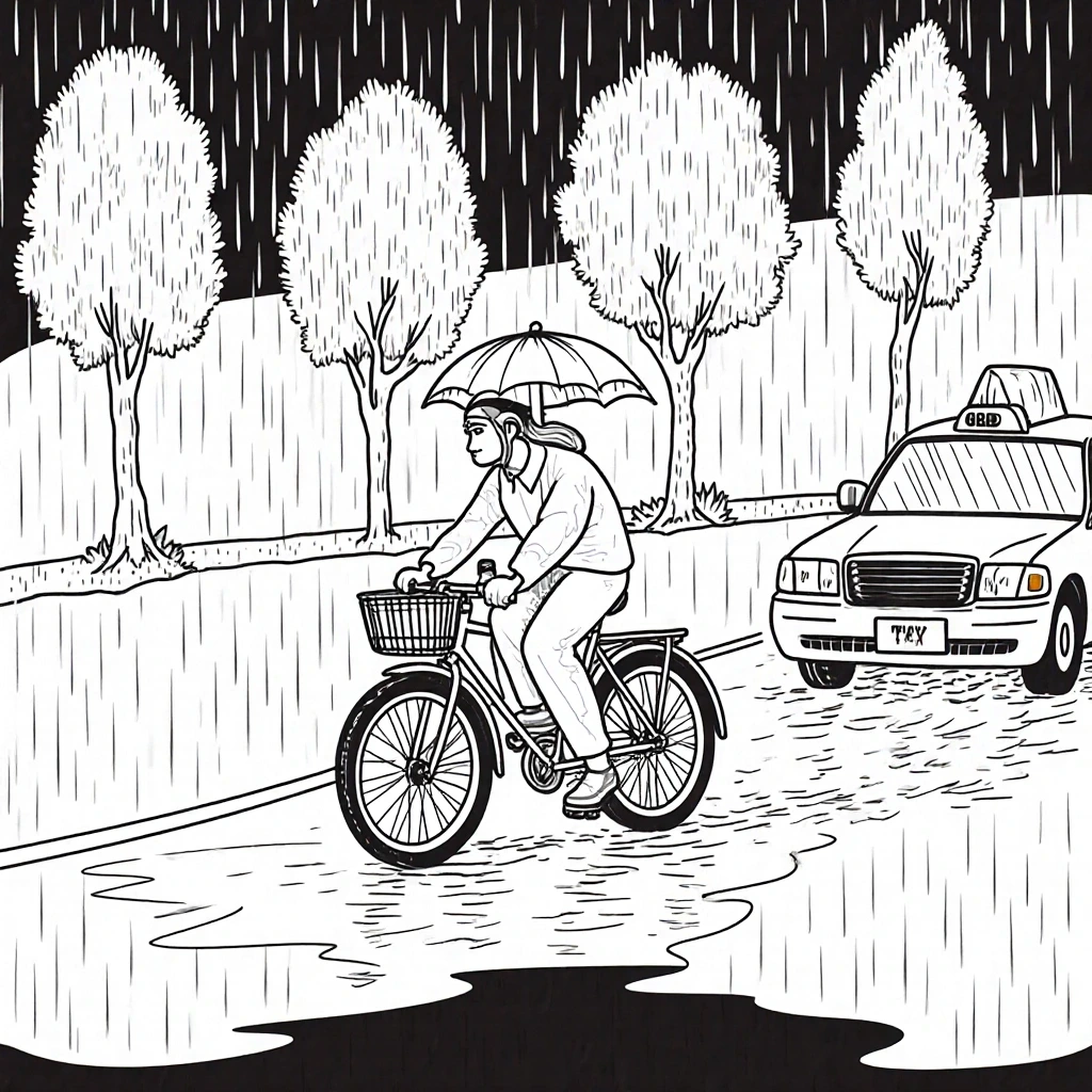 Black-and-white rainy street scene coloring sheet showing a person riding a bicycle with an umbrella past trees and a taxi. This detailed coloring page works well in a printable coloring page and with