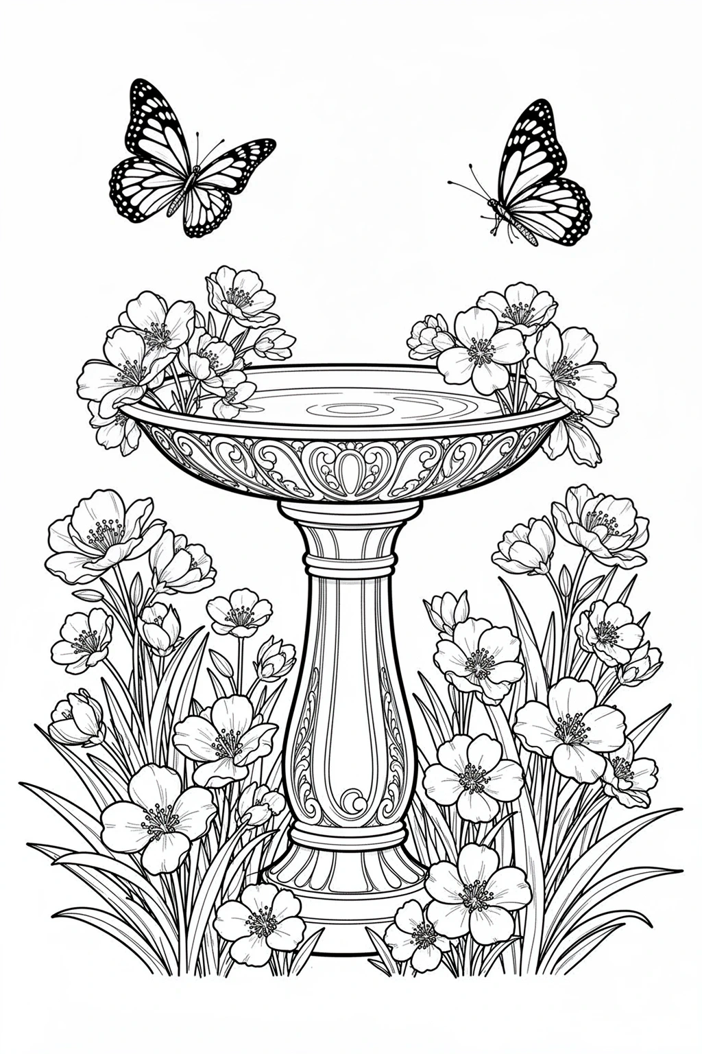 Black-and-white coloring page of garden birdbath coloring page.