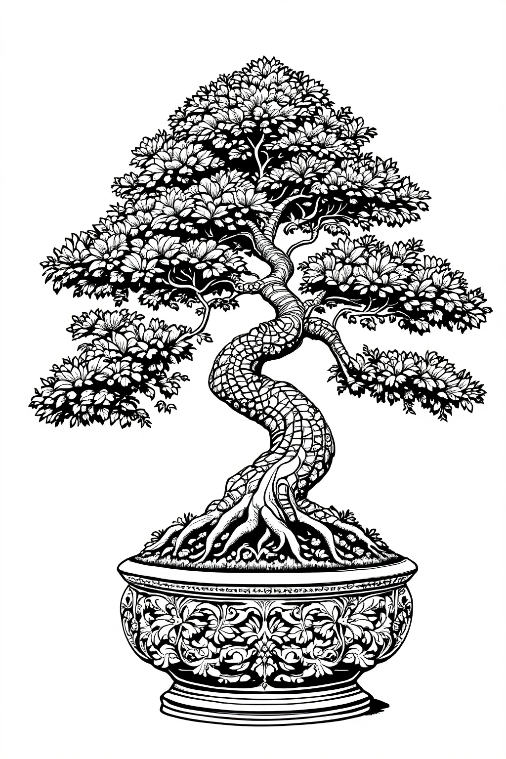 Intricate bonsai tree coloring page high-contrast detailed coloring page illustration for a printable coloring page, perfect kids' coloring page and adult mandala-style coloring sheets.