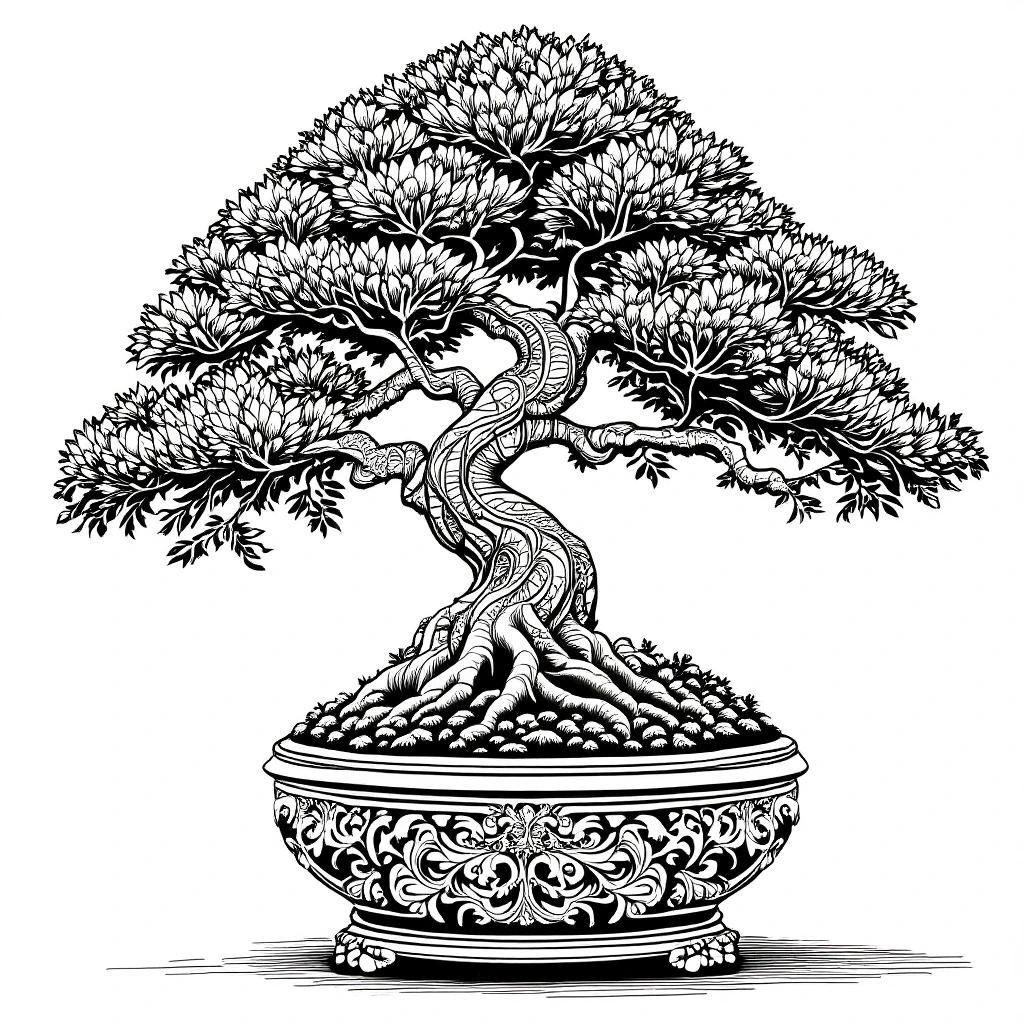 Black-and-white intricate bonsai tree line art for coloring: detailed coloring page style, suitable for kids' coloring page, printable coloring page entries and coloring sheets.