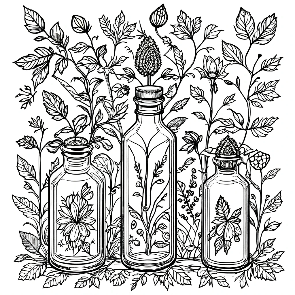 Black-and-white botanical bottles coloring page featuring detailed coloring page floral designs, kids' coloring page, printable coloring page style coloring sheets with intricate leaves and