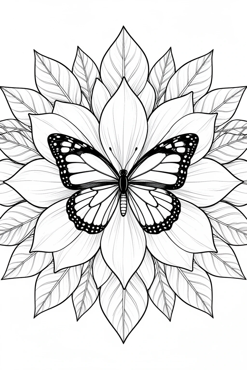 Black-and-white coloring page of botanical butterfly coloring page.