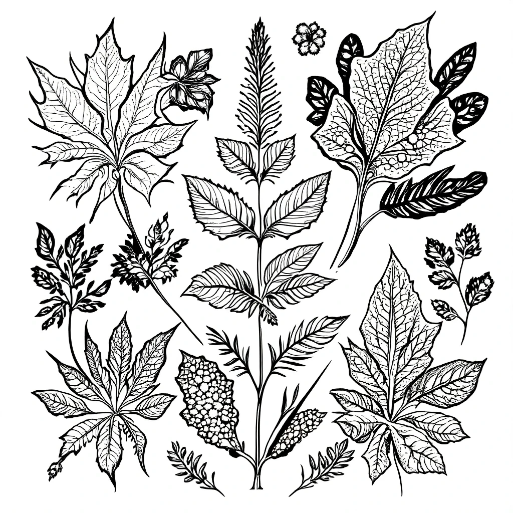 Black and white botanical leaf illustrations for detailed coloring page, kids' coloring page and printable coloring page; floral and leaf coloring sheets with intricate veins and patterns for spring