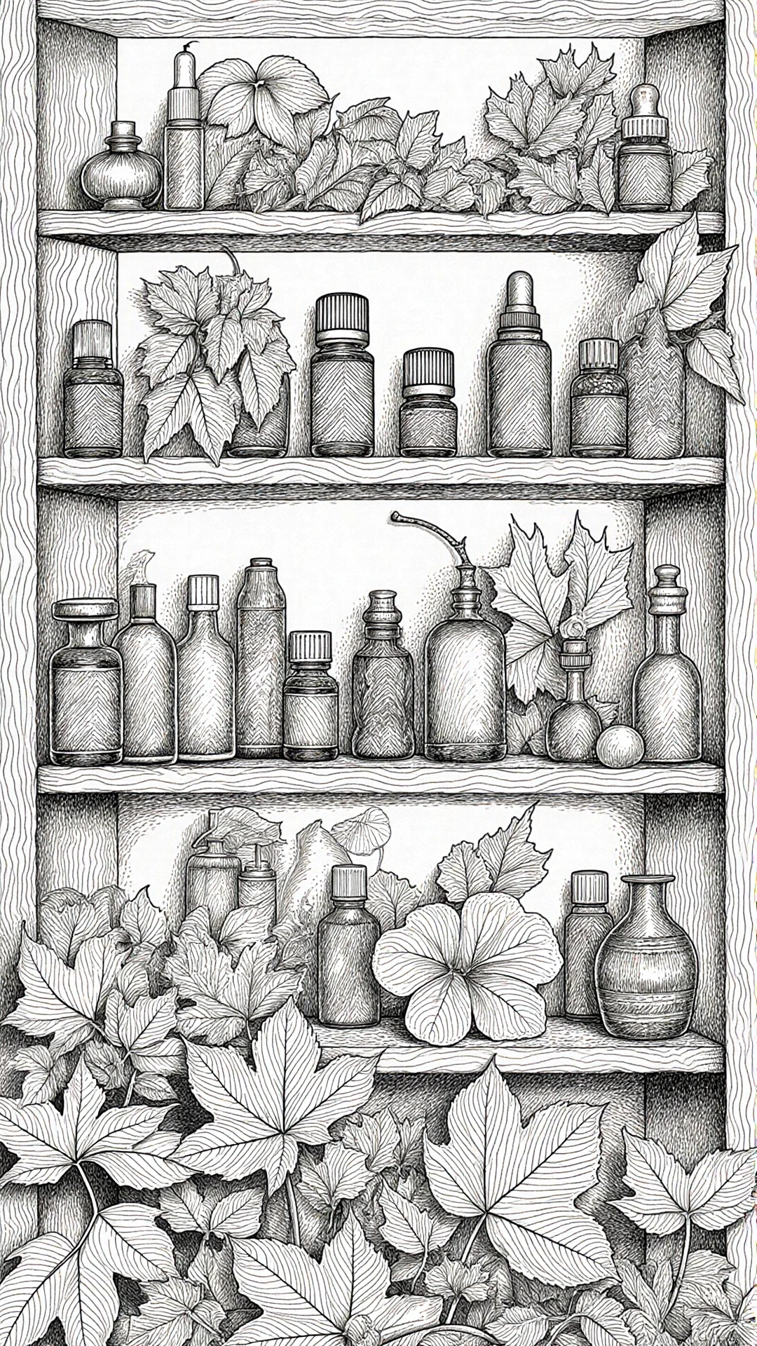 Monochrome line-art of a wooden shelf filled with bottles, vases and abundant leaves and flowers an intricate scene ideal for detailed coloring page, kids' coloring page, printable coloring page and