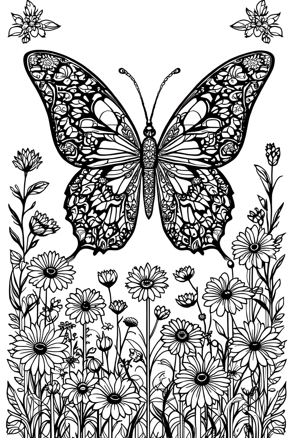 Black and white detailed butterfly coloring sheet with mandala-style wings above a field of daisies and wildflowers printable coloring page, detailed coloring page, kids' coloring page, coloring
