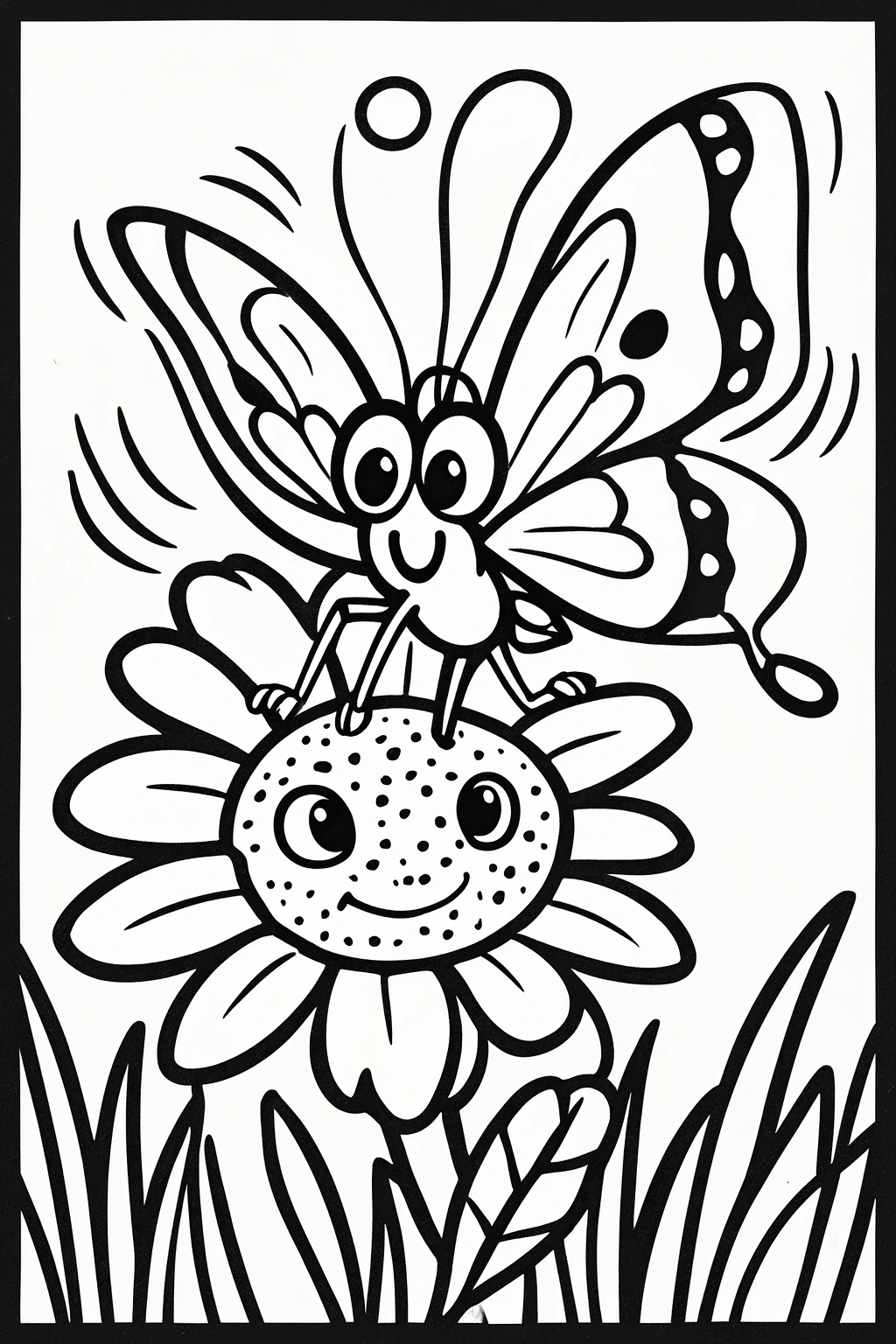 Cute butterfly resting on a smiling flower in a black-and-white line art design, perfect for detailed coloring page, kids' coloring page, a printable coloring page, and coloring sheets. Great for