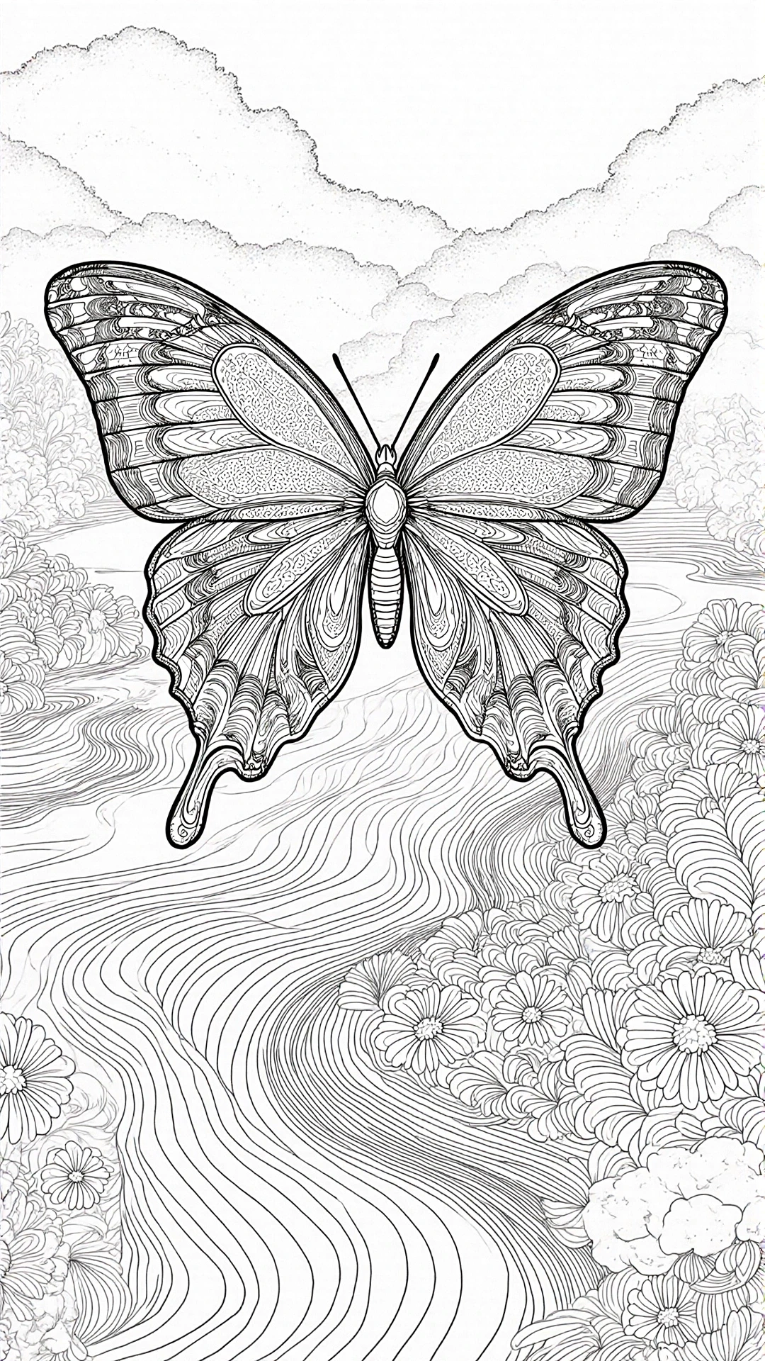 Intricate butterfly coloring page over a floral riverside scene detailed coloring page, kids' coloring page, printable coloring page and coloring sheets for spring and summer mandala-style designs.