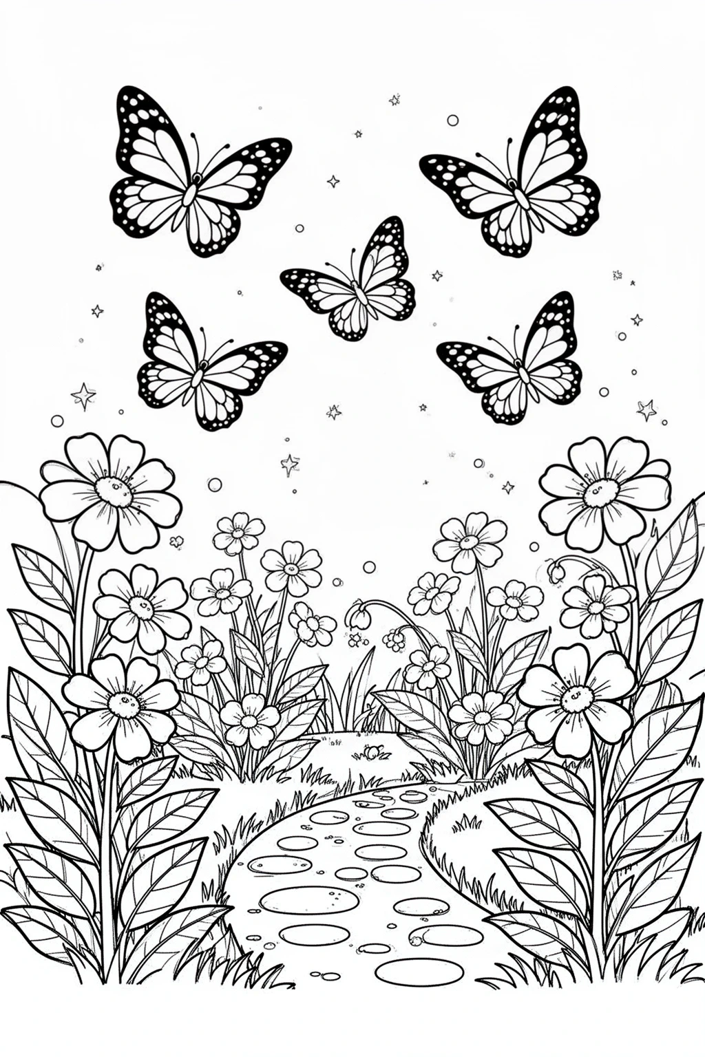 Butterfly Garden coloring page | Floral Nature Scene.