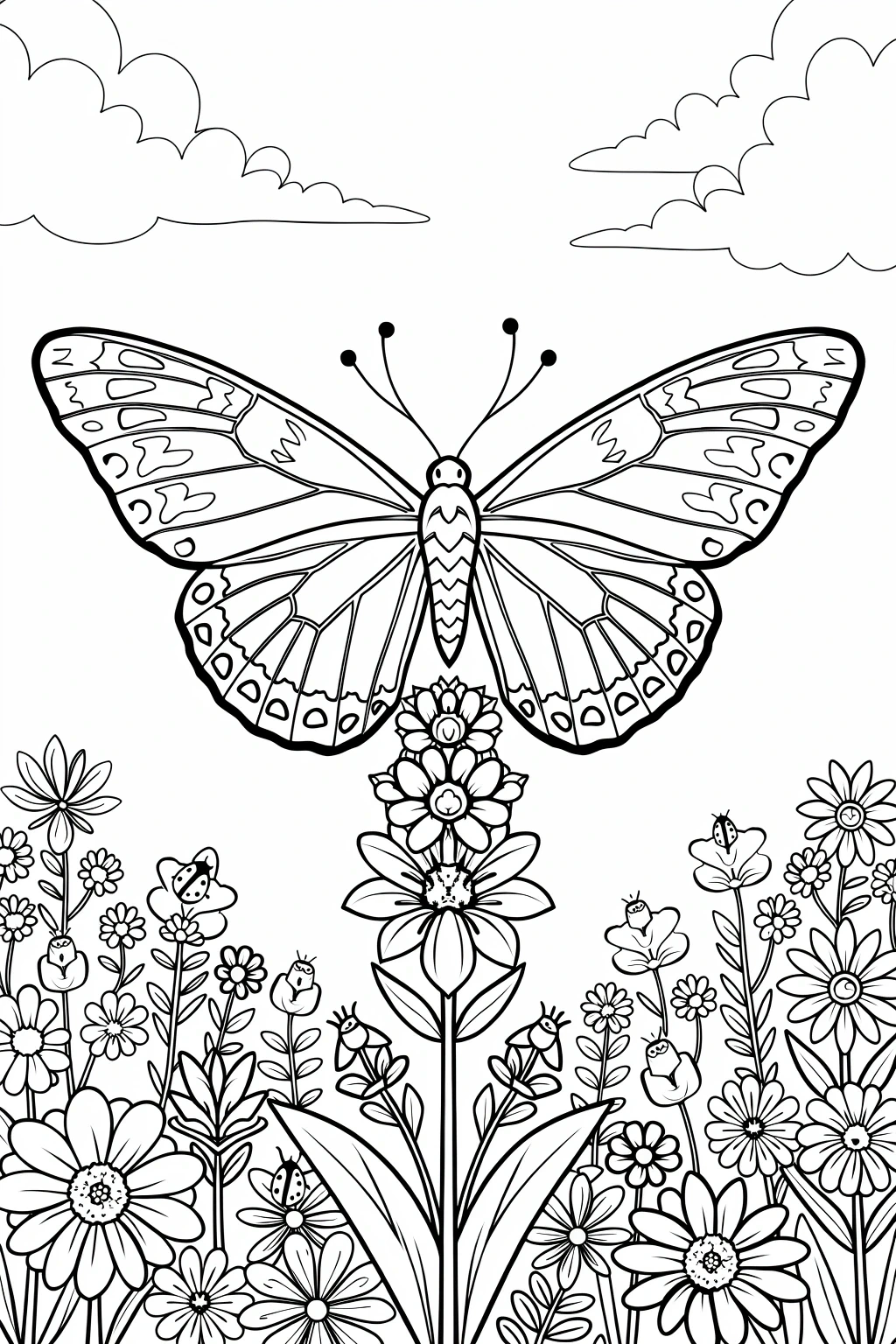 Black-and-white butterfly and flower garden coloring page with clouds detailed coloring page, kids' coloring page, printable coloring page, coloring sheets for spring and summer.
