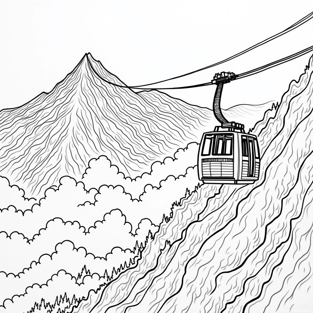 Black-and-white mountain cable car line art detailed coloring page, kids' coloring page, printable coloring page, coloring sheets for mountain and travel themes.