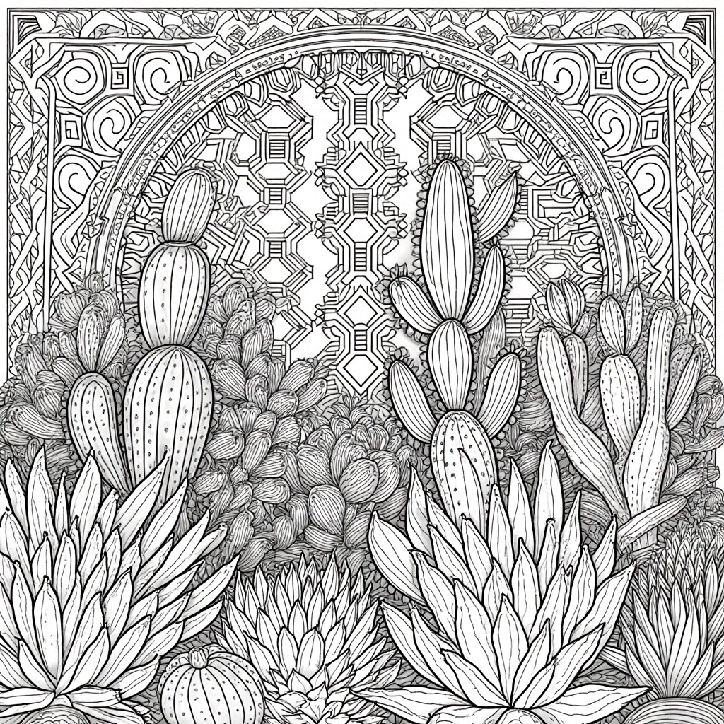 Intricate black-and-white cactus and succulent garden with a geometric mandala background; ideal for detailed coloring page, kids' coloring page, a printable coloring page, and standalone coloring