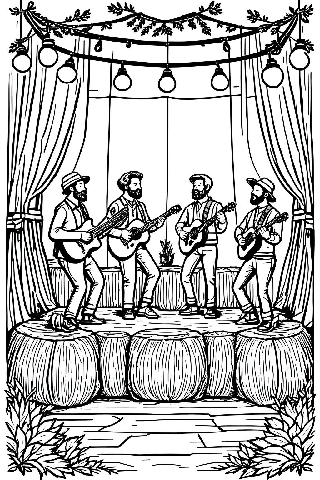 Black-and-white line art of four people playing guitars on a fall-themed stage with string lights and hay bales printable coloring page, detailed coloring page, kids' coloring page, coloring sheets.