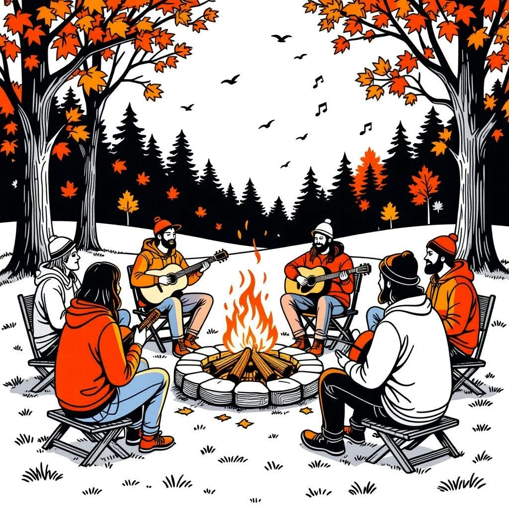 Illustrated fall campfire scene with people sitting in a circle playing guitars around a fire beneath orange maple trees. Printable coloring sheets and detailed coloring page suitable for kids'