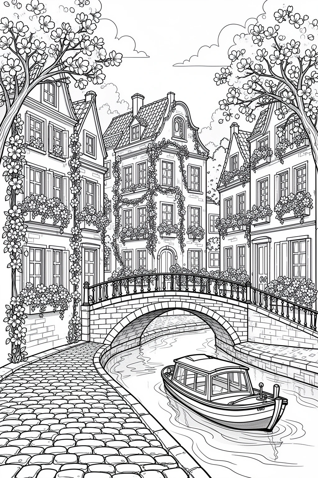 Detailed coloring page of a spring canal town with flower boxes, bridge, canal boat, and blossom trees.