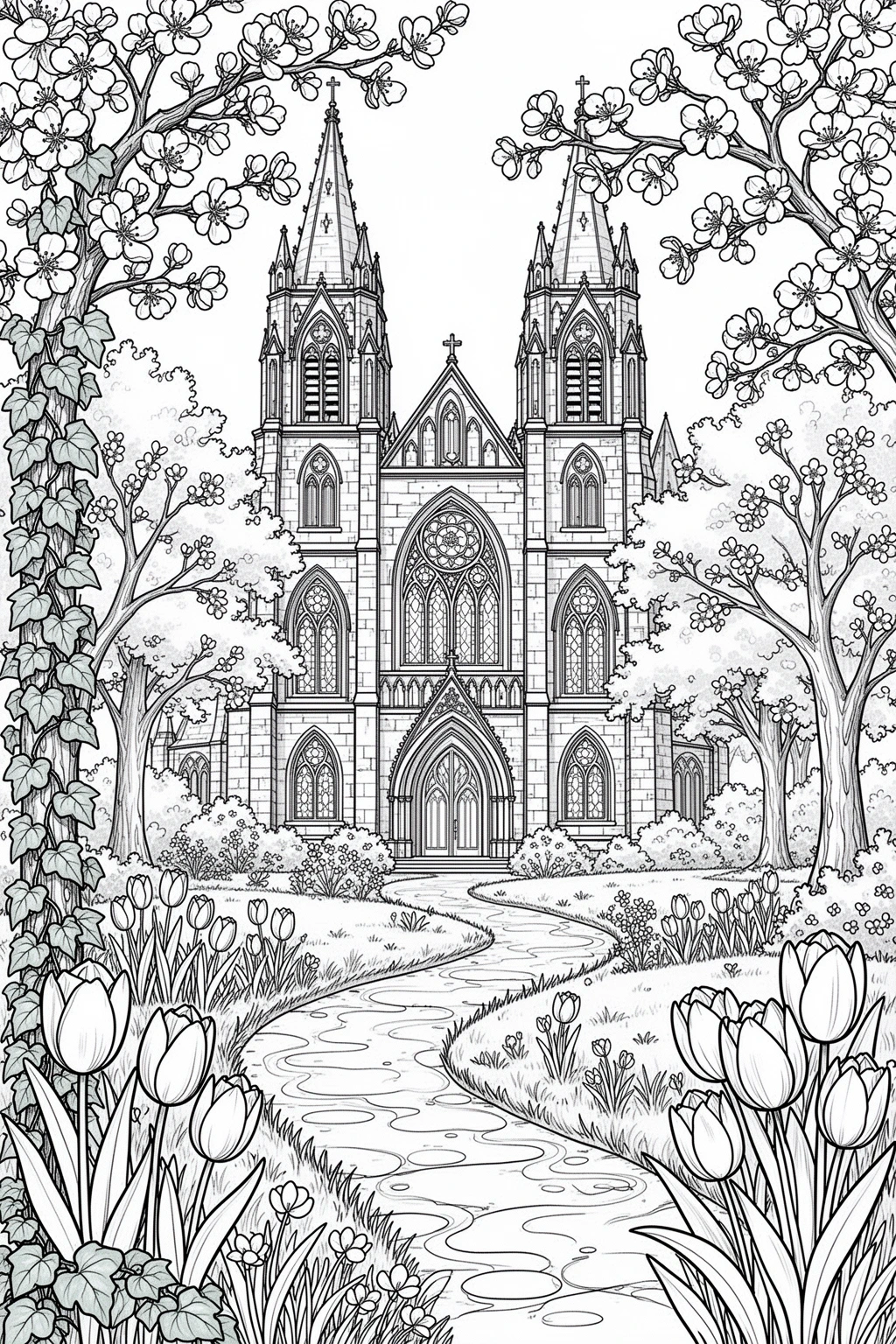 Detailed coloring page of a cathedral with flowering trees, winding garden path, ivy, and spring flowers.
