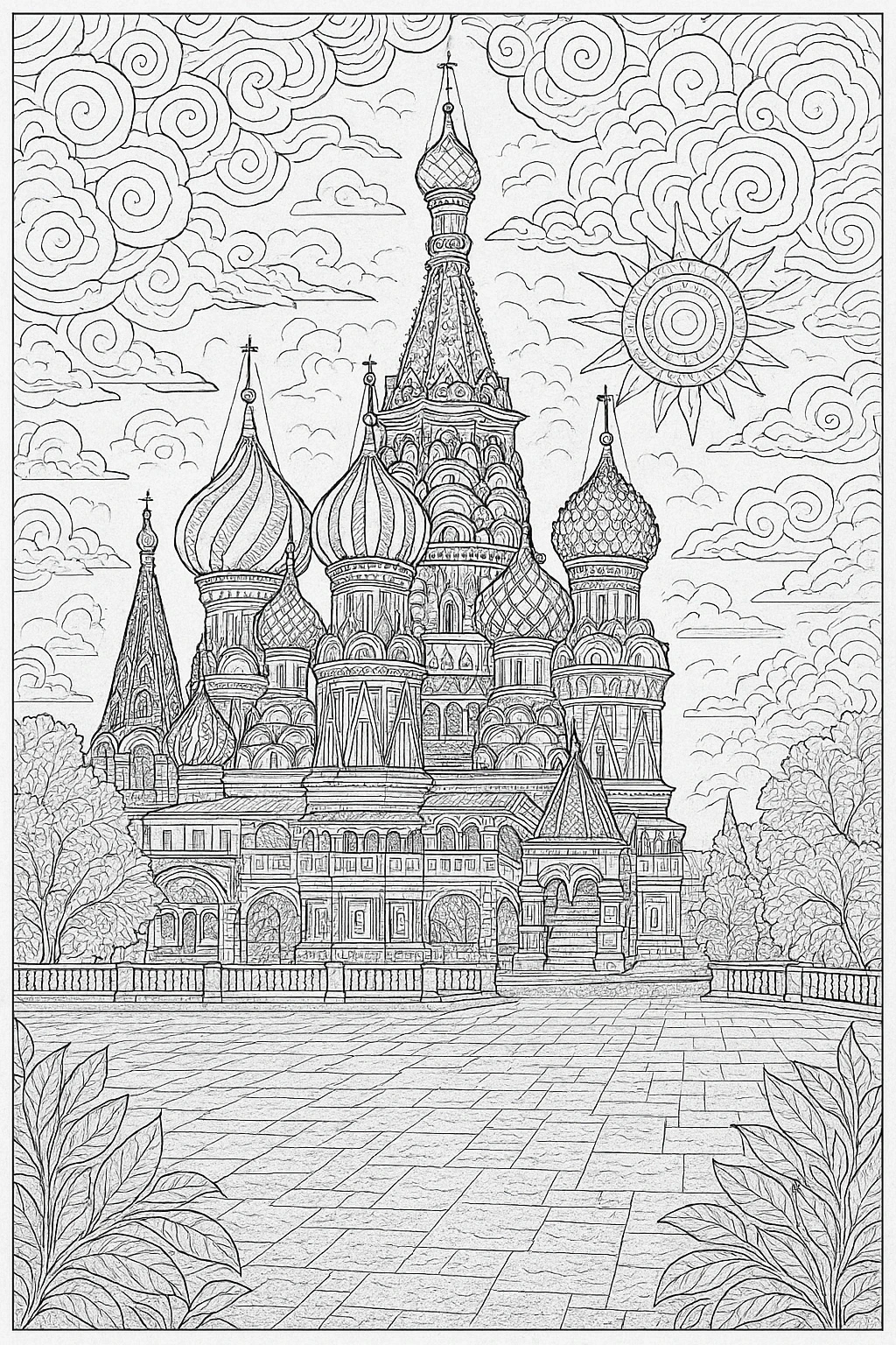 Black and white cathedral line art coloring page for detailed coloring page, kids' coloring page, printable coloring page and coloring sheets with ornate domes and swirling sky.
