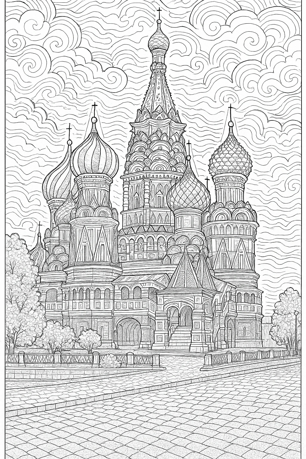 Black-and-white cathedral line art for coloring: detailed coloring page with architectural domes and swirls, perfect printable coloring page addition. Great for kids' coloring page, printable coloring