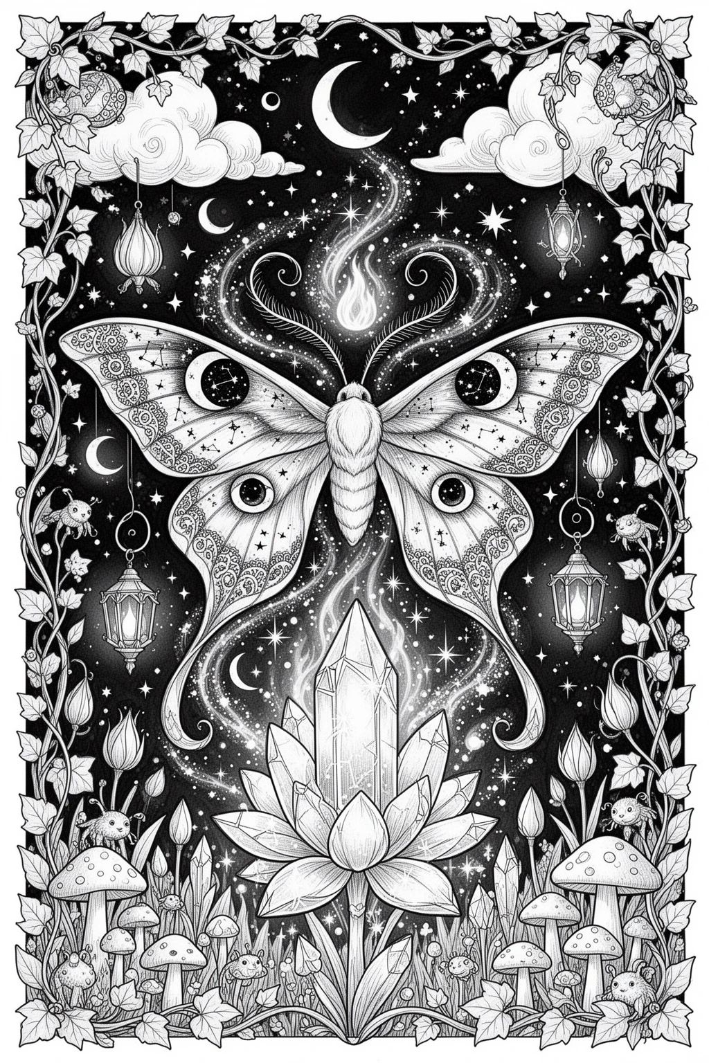Celestial Moth & Magic Flame Printable coloring page.