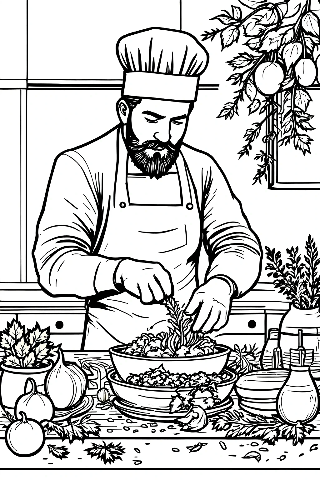 Black and white chef cooking with herbs in a kitchen line art for detailed coloring page, kids' coloring page, printable coloring page and coloring sheets featuring people and spring produce.