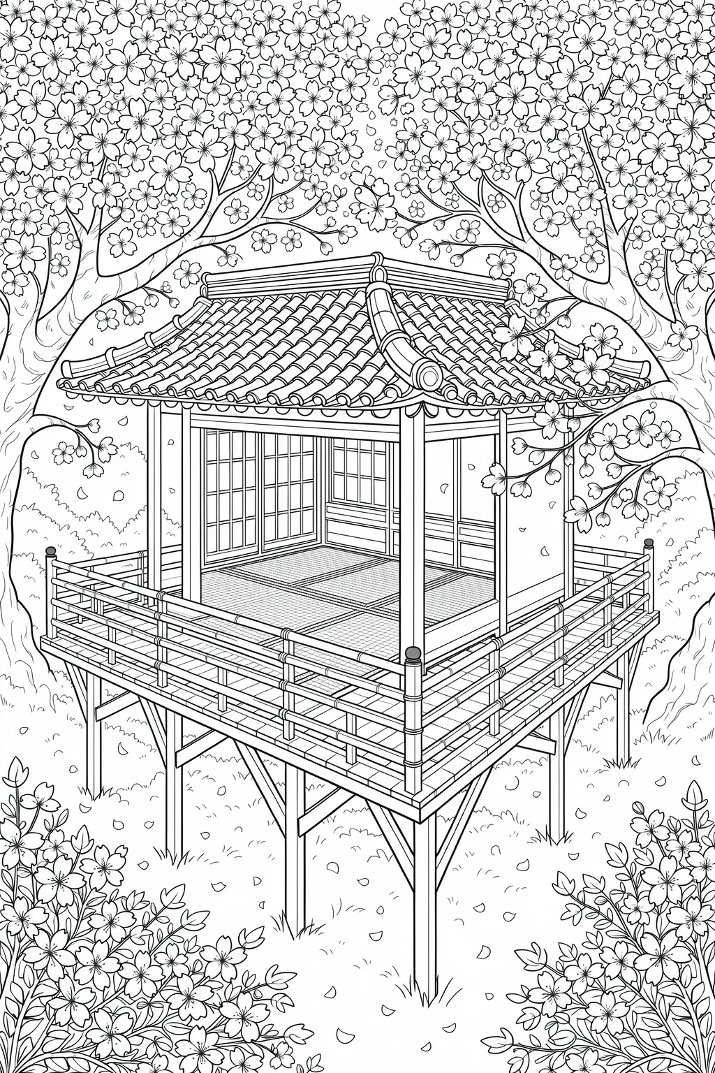 Black-and-white line art of a Japanese pavilion on a raised deck surrounded by cherry blossom trees and scattered petals detailed coloring page for kids' coloring page and adult fans; printable