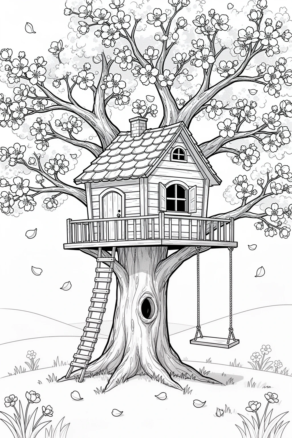 Black-and-white coloring page of cherry blossom treehouse coloring page.