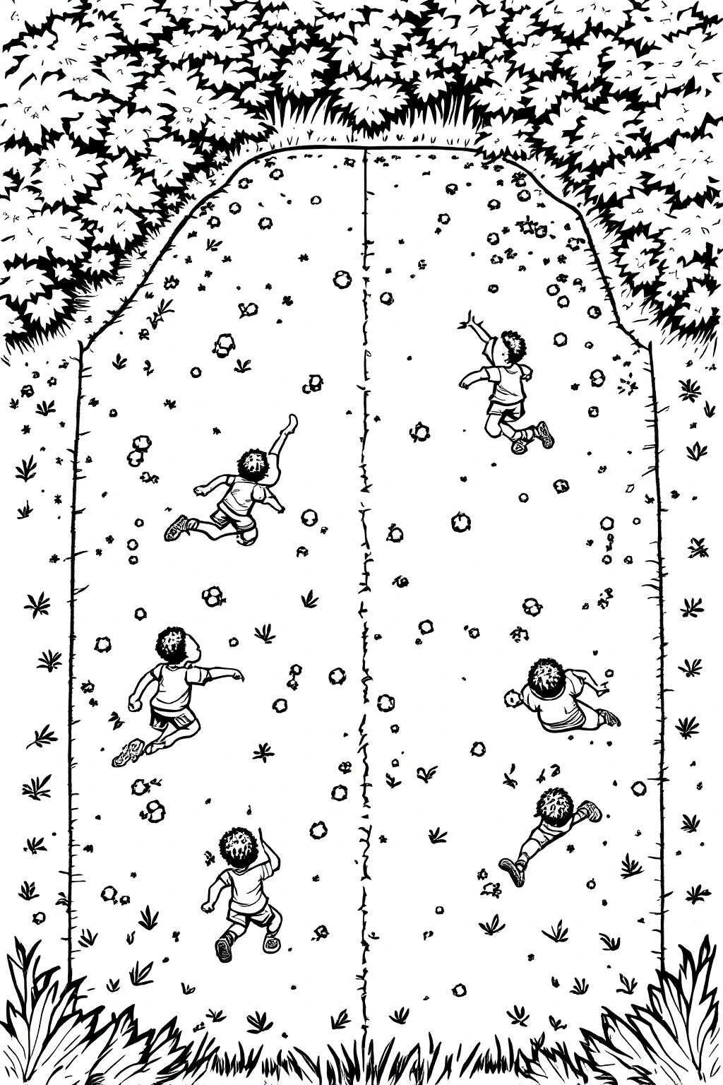 Top-down black-and-white scene of children running through a grassy meadow with scattered flowers detailed coloring page, kids' coloring page, printable coloring page and coloring sheets for spring