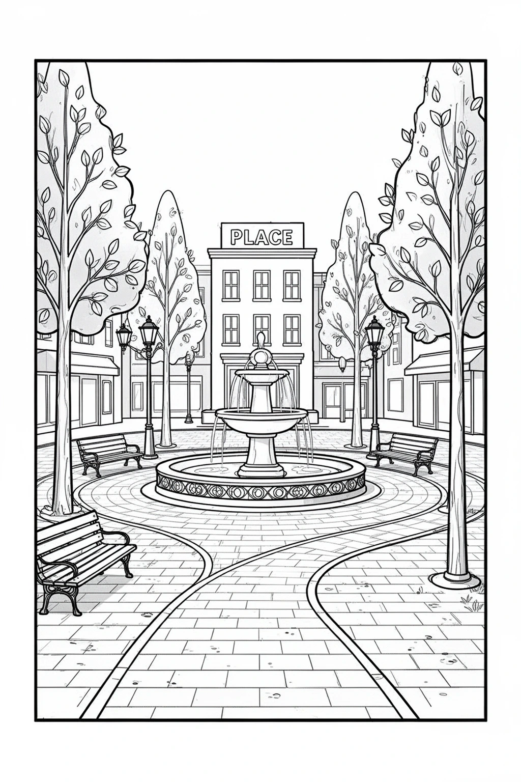 Place coloring page | Simple Plaza Landmark for Kids.
