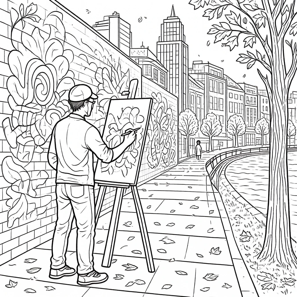 Black-and-white city sidewalk scene with a person painting a mural on a brick wall detailed coloring page, kids' coloring page, printable coloring page and coloring sheets suitable for fall and