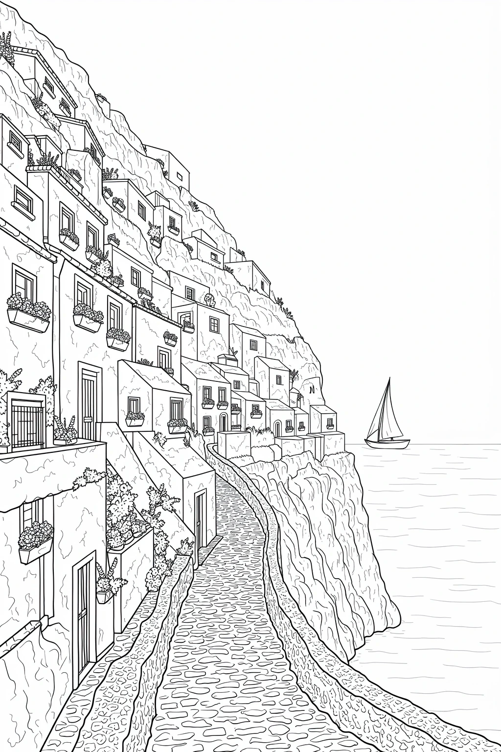 Black-and-white cliffside village coloring page with row of houses, stone path, rocky cliff and a sailboat on the sea detailed coloring page, kids' coloring page, printable coloring page and coloring