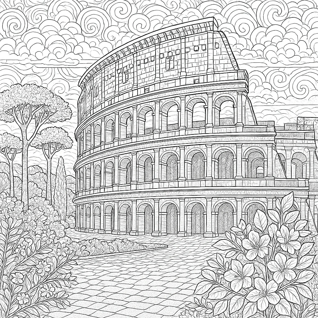 Intricate Colosseum line art scene for coloring detailed coloring page and kids' coloring page in a printable coloring page style with floral foregrounds and swirled sky; high-detail coloring sheets