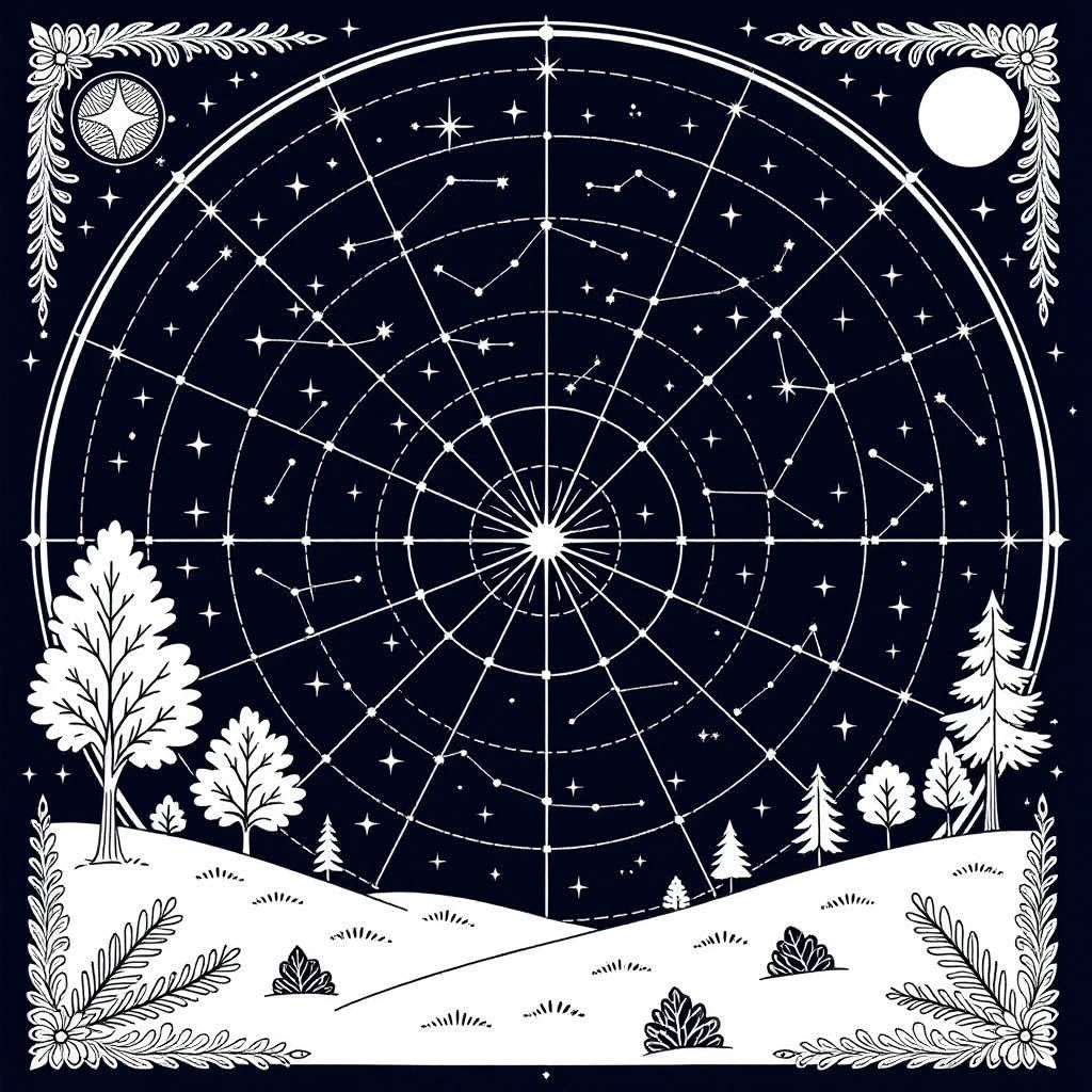 Black-and-white starry constellation mandala coloring page with trees and rolling hills detailed coloring page, kids' coloring page, printable coloring page and coloring sheets, mandala night sky