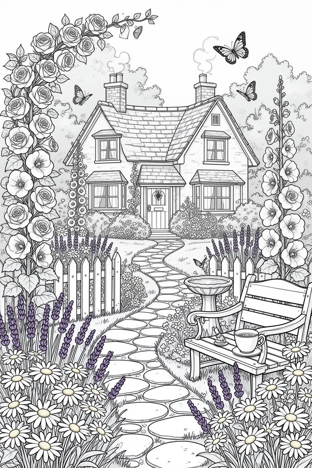 Cottage Garden coloring page for Relaxing Floral Fun.