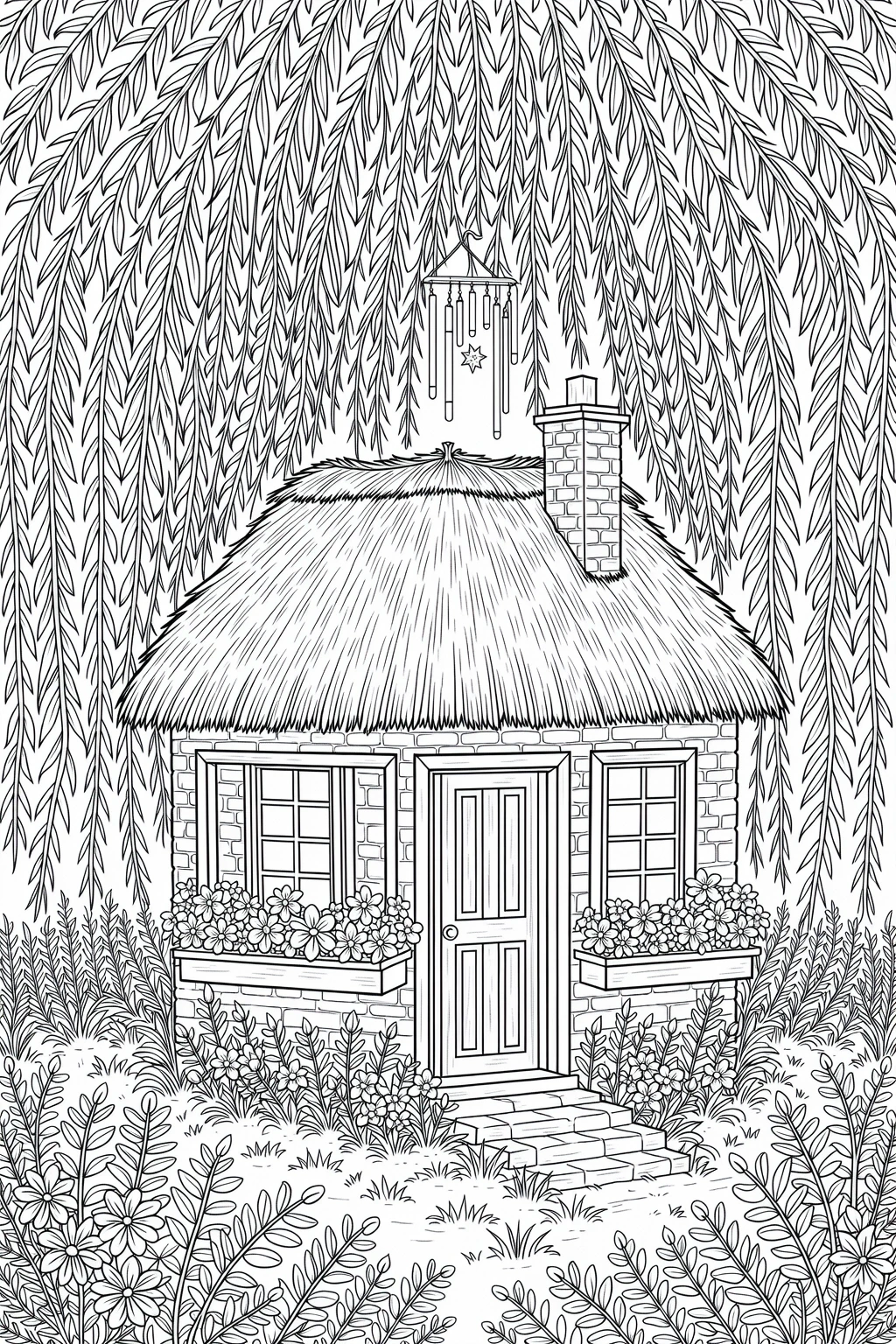 Black-and-white detailed cottage scene coloring page with thatch roof, flower boxes, willow branches, and garden great detailed coloring page, kids' coloring page, printable coloring page, and