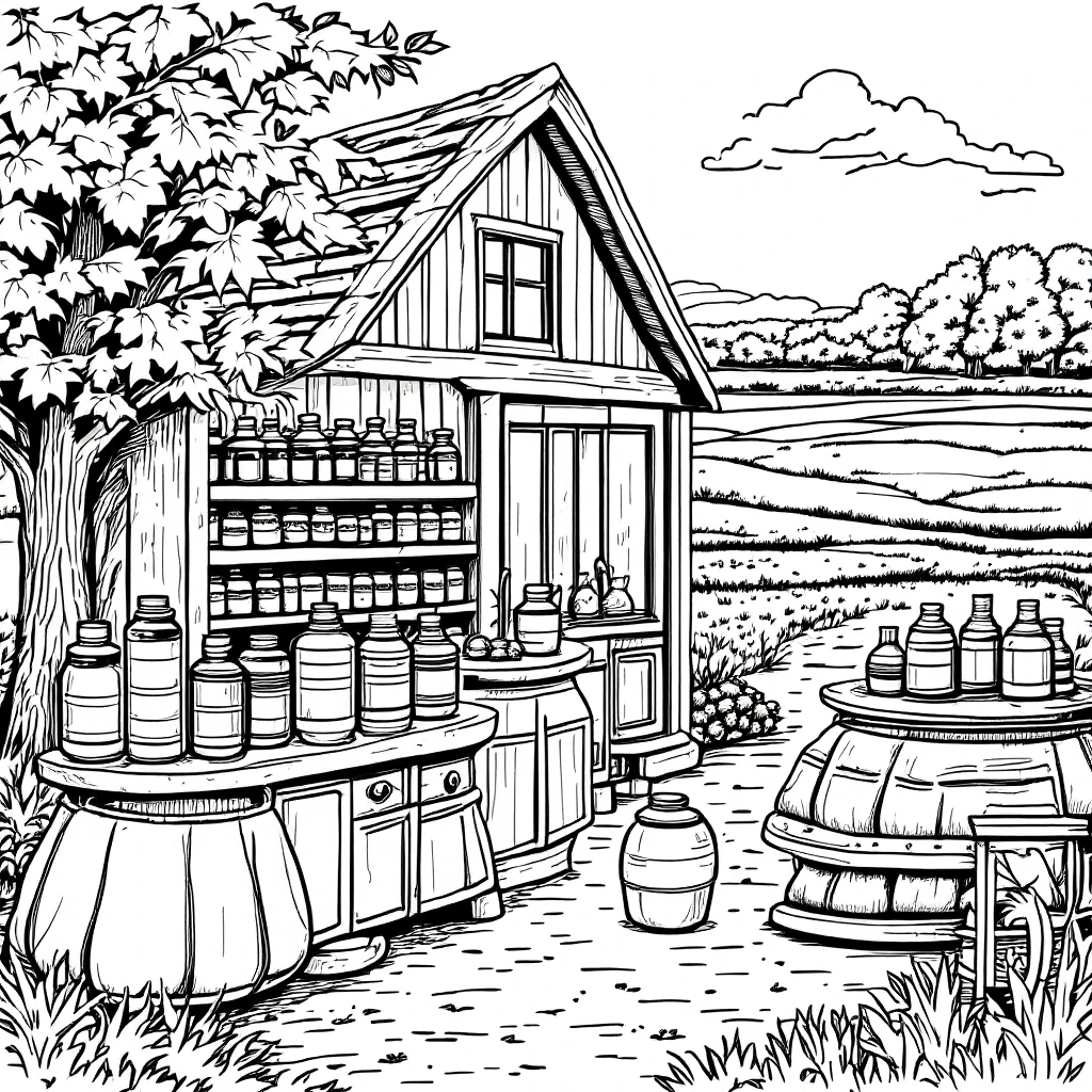 Rustic country market coloring page with shelves of jars, barrels, and a small wooden stall in a field detailed coloring page ideal for kids' coloring page, printable coloring page and coloring
