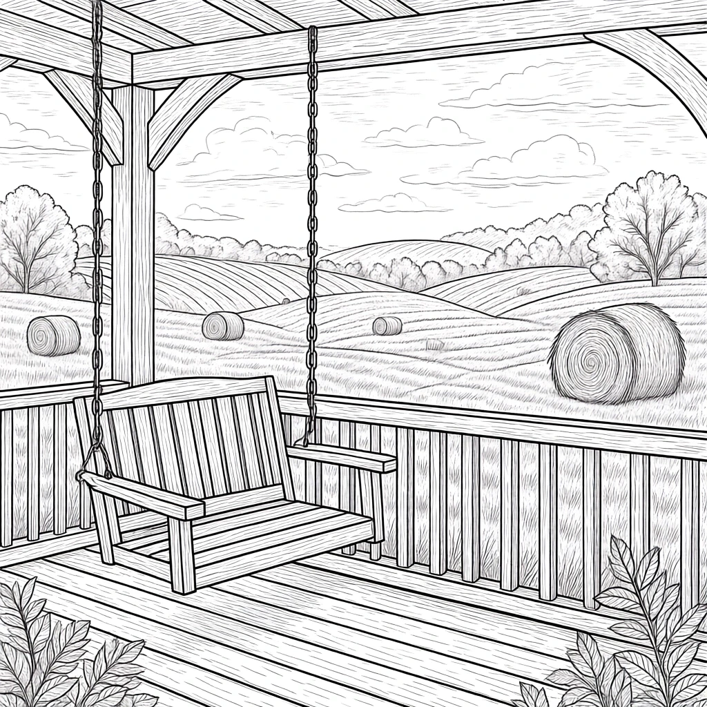 Line-art country porch swing overlooking rolling fields with round hay bales detailed coloring page, kids' coloring page, printable coloring page and coloring sheets for fall and summer scenes.
