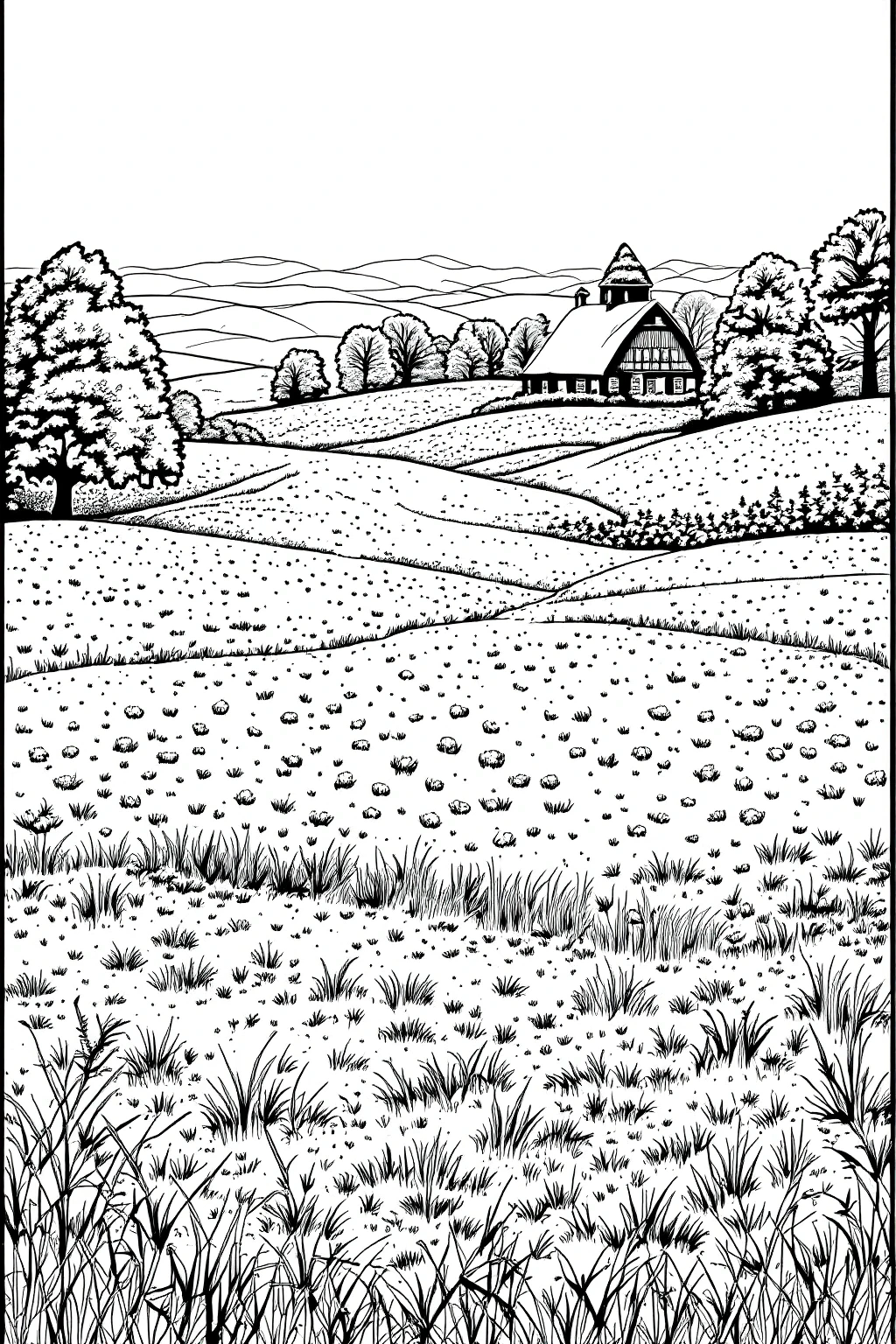 Black-and-white countryside landscape coloring sheet with barn, trees, rolling hills and grasses ideal detailed coloring page, kids' coloring page, printable coloring page and coloring sheets.