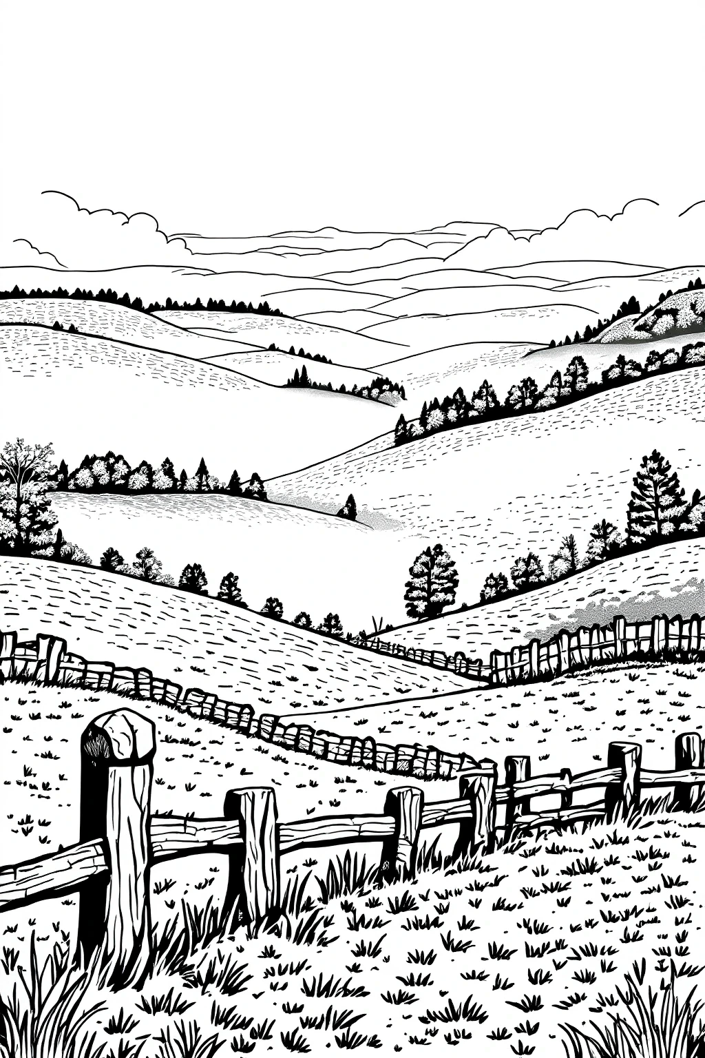 Black and white countryside landscape coloring page with rolling hills, fences, trees detailed coloring page, kids' coloring page, printable coloring page and coloring sheets for spring and summer.